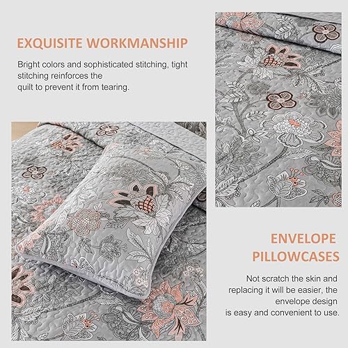 Miniatura 7 de WONGS BEDDING Juego de edredón floral tamaño Queen, juego de ropa de cama tamaño Queen botánico gris, juego de ropa de cama de microfibra suave y