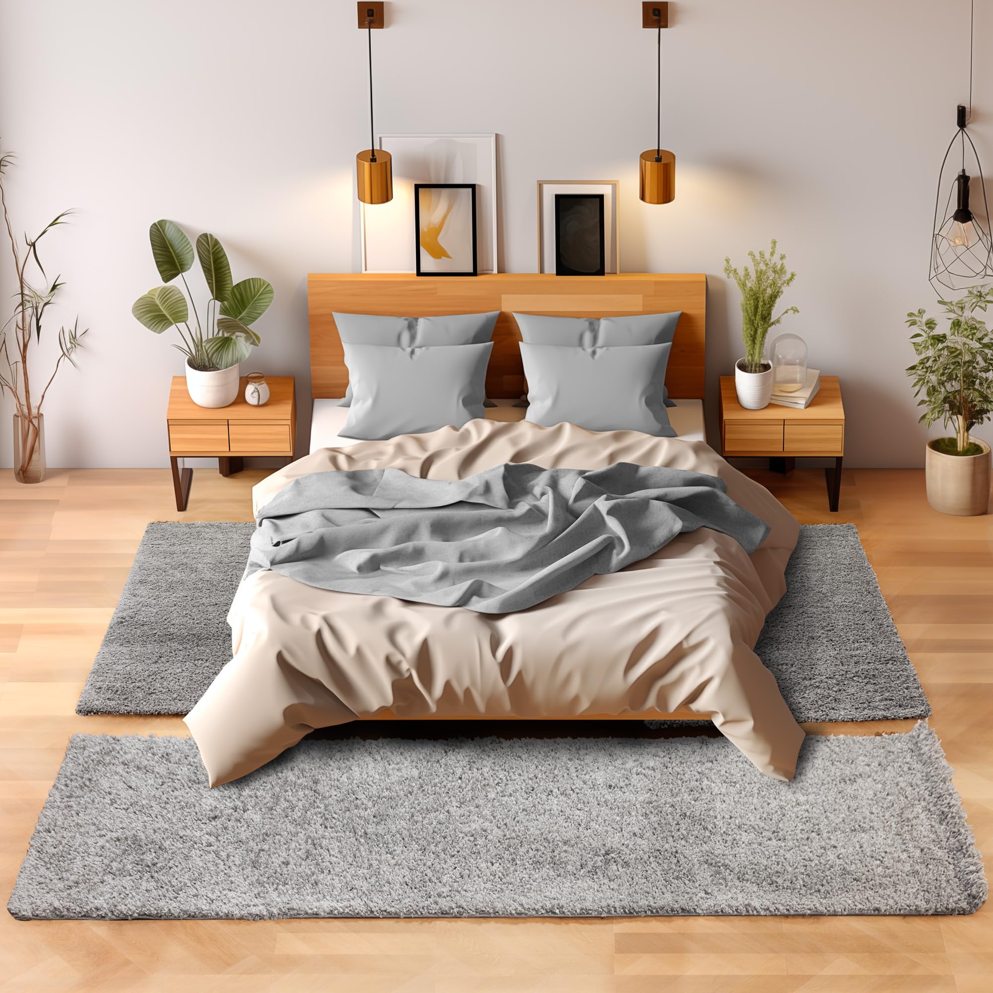 Tappeto stile Shaggy a pelo lungo, set da 3 pezzi - Scendiletto, per camera da letto, Polipropilene, grigio chiaro, 2x80x150+1x80x250