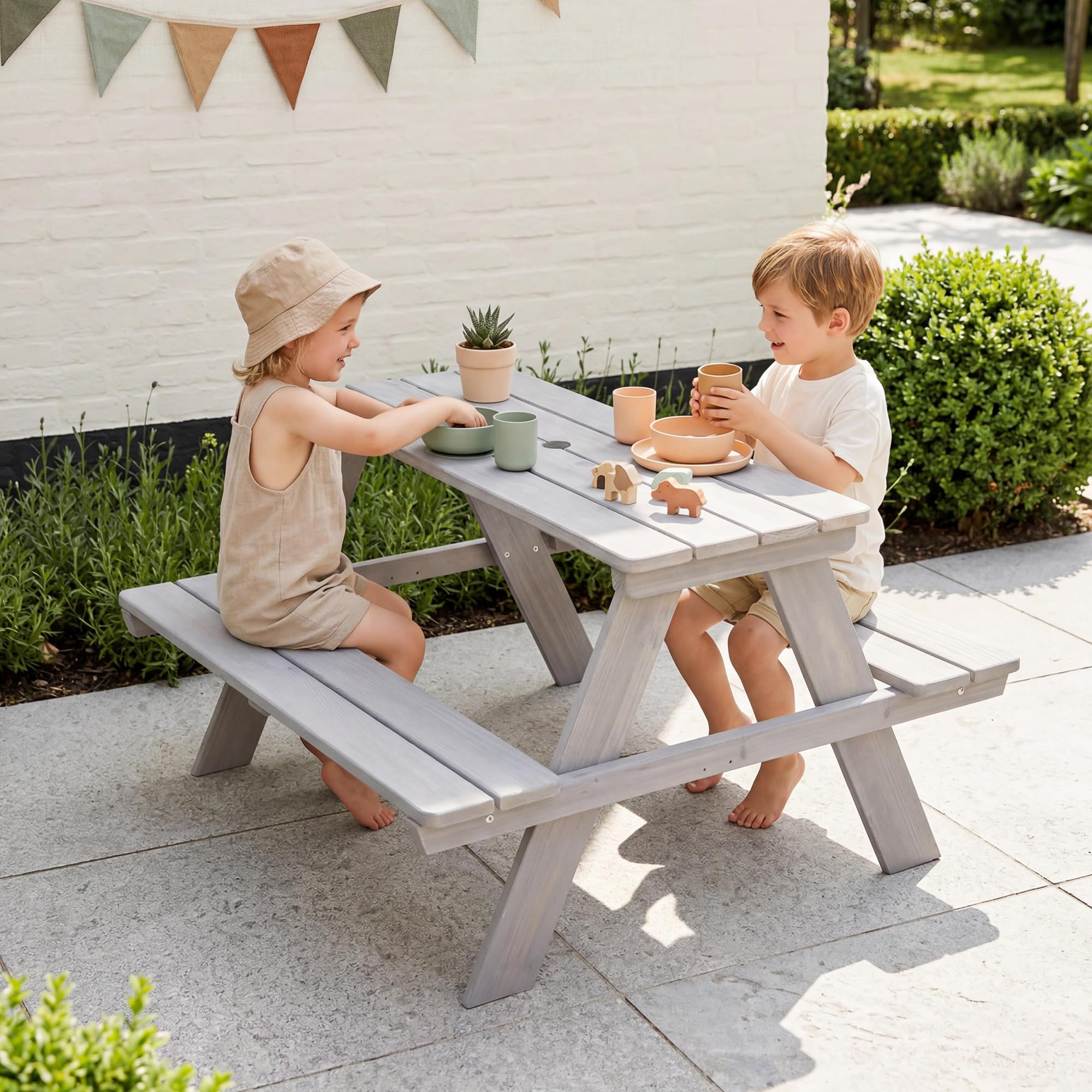roba Ensemble de Table et Bancs avec Trou de Parasol Picnic for 4 Outdoor+ 4 Places - Bois Massif Résistant aux Intempéries - 89 x 85 cm - Supporte 100 Kg - Teinté Gris