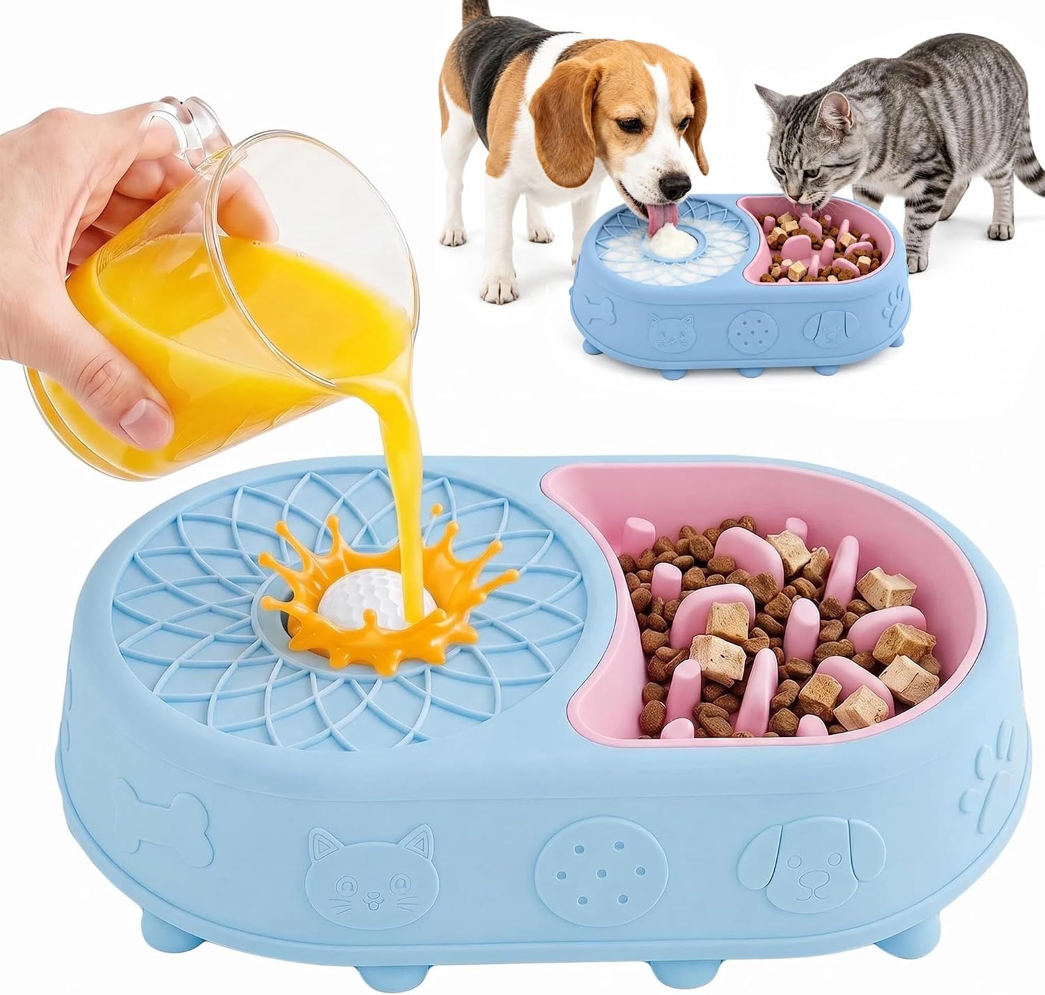 4-in-1 Slow Feeder Dog Bowl & Lick Mat with Rolling Ball
