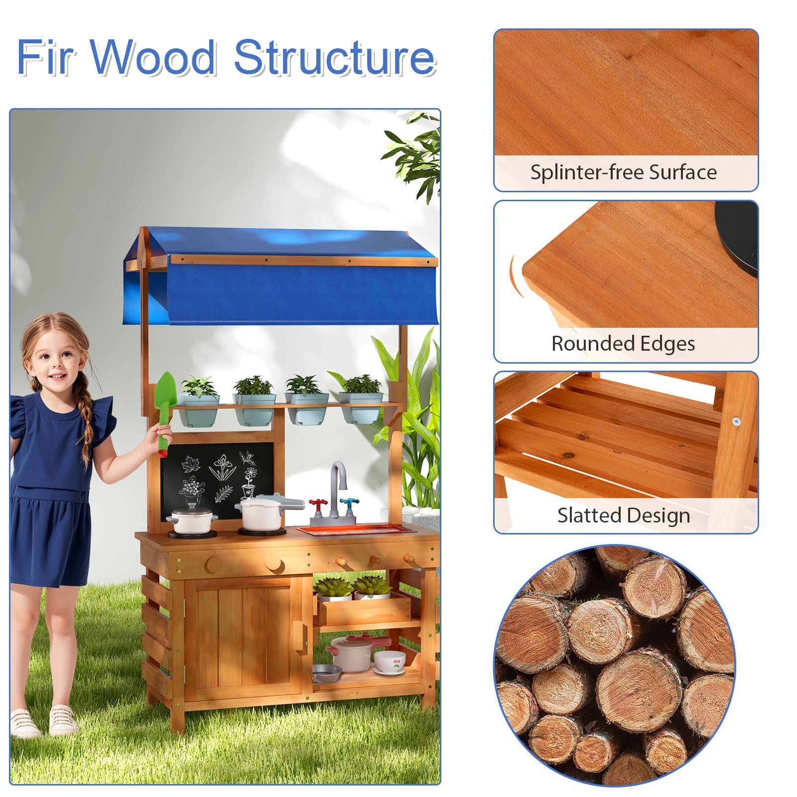HOMASIS Matschküche Kinder Outdoor, Gartenspielküche Holz mit 7 Zubehör, Kinderküche mit abnehmbarem Waschbecken Herd Tafel 4 Blumentöpfen, Outdoorküche Gartenküche für Kinder ab 3 Jahren, Natur