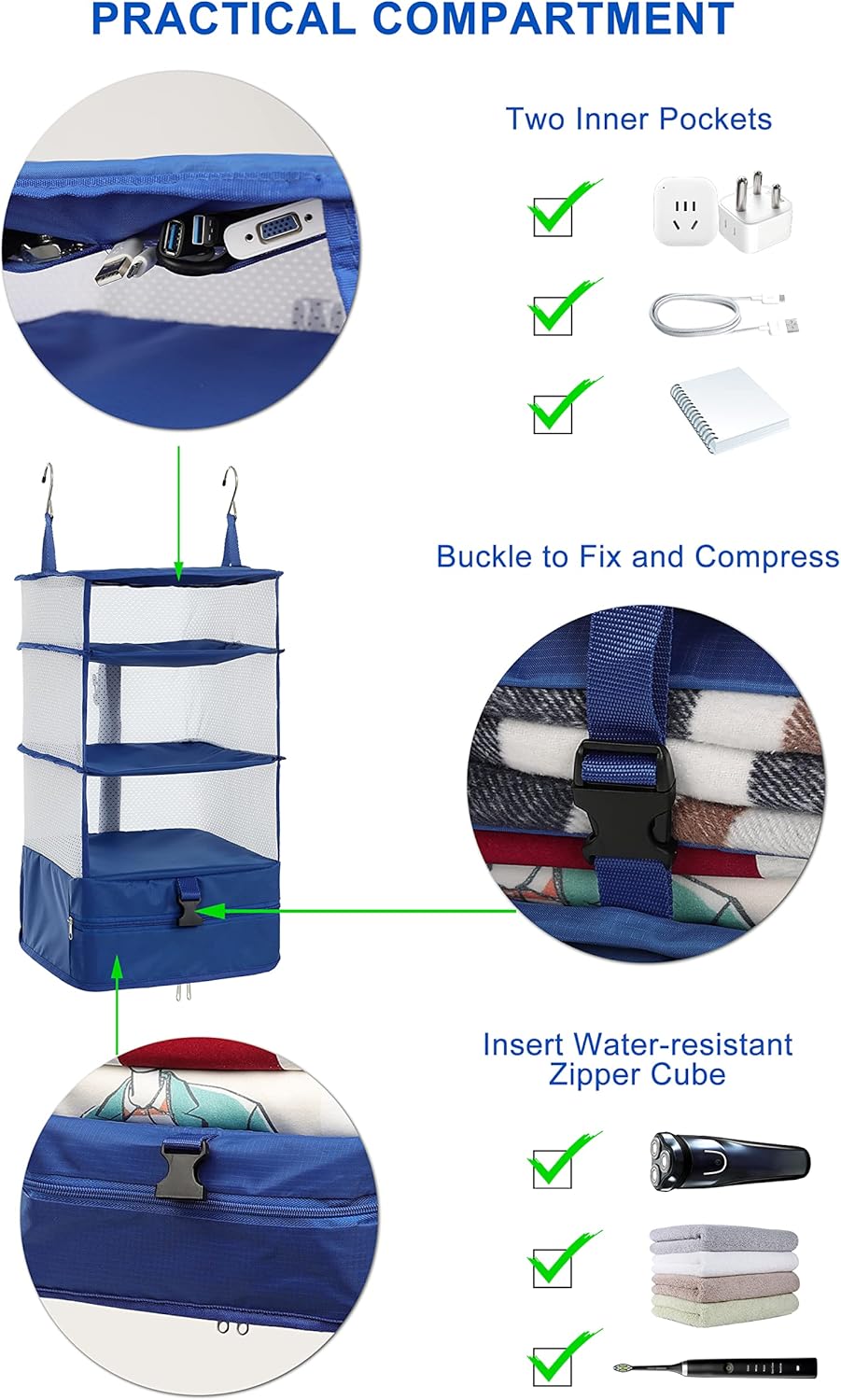 ELEZAY Hanging Packing Cubes Portable Travel Closet Collapsible Compression Clothes Organizer with Built in Shelves for Carry-on Luggage Suitcase Wardrobe Large_11.8*11.8*24 IN, Black - Image 4