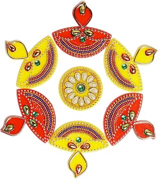 Handmade Red Diya Premium Acrylic Diwali Rangoli Floor Decorations Table Decoration Studded Stones Sequins Traditional Festive Home Door Decor Gift | Floor Wall Stickers Diya Rangoli -007VA Design2
