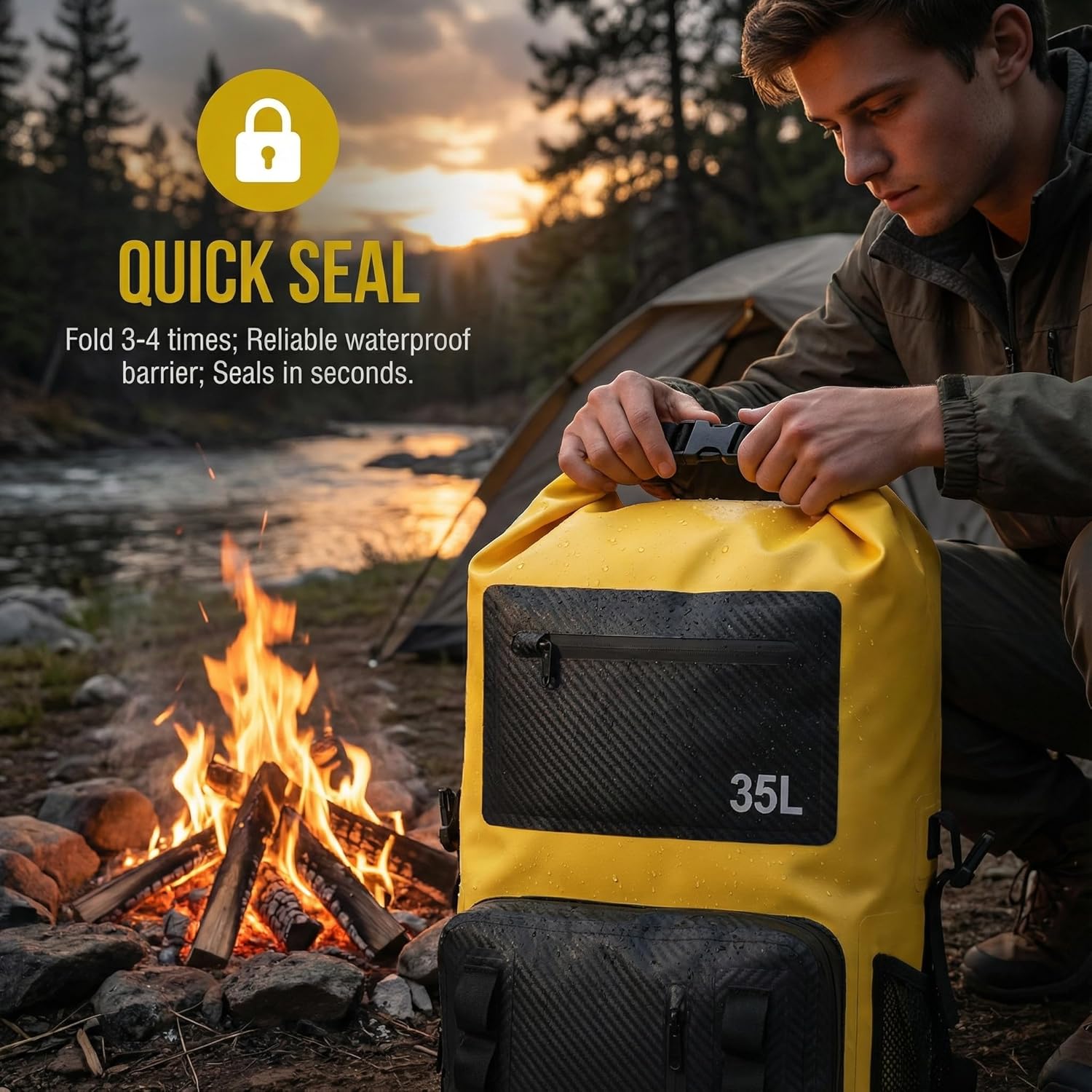 Greencity 100% Waterproof Roll-Top Dry Bag Backpack with Front Splash-Proof Pocket, Lightweight Floating Pack for Kayaking, Hiking & Travel,35L (Yellow-black) - Image 3