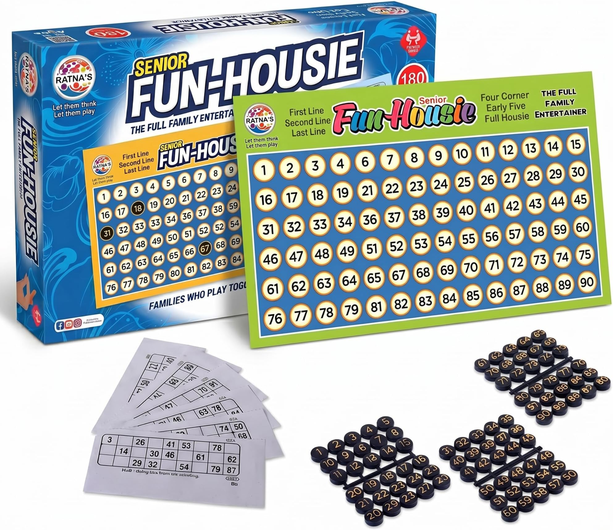 Ratna's Fun Housie Senior, 180 Tickets Board Game, 1-90 Numbers, Fixing Checking Board, Family Party Games