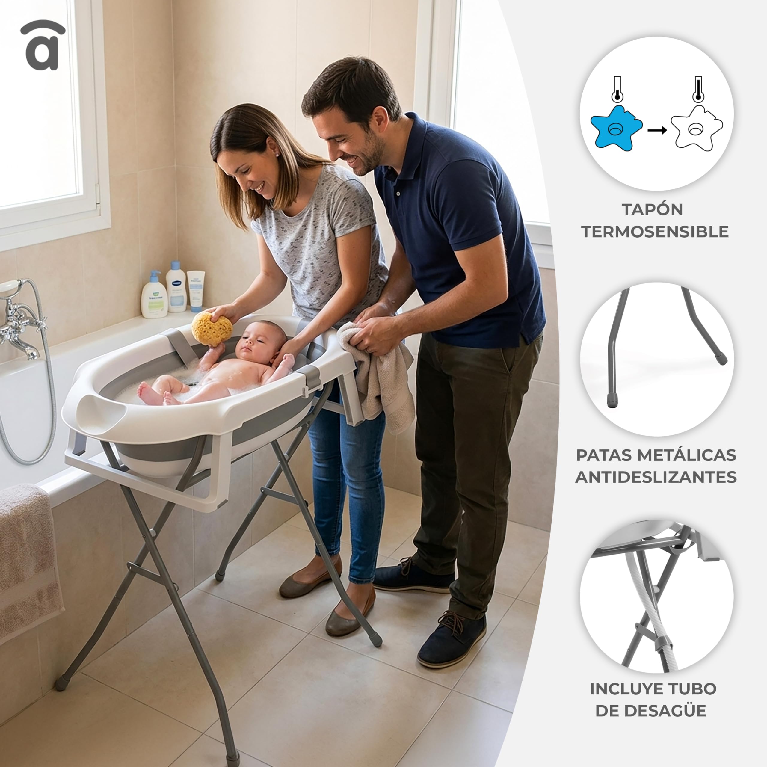Asalvo LUIGI Bañera Plegable Bebé y Recién Nacido para Ducha, Baño Portátil para Niños, Diseño innovador, Con patas y reductor, Blanco