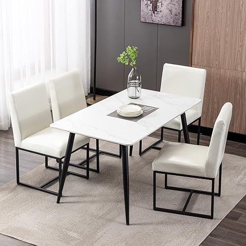 Vista 9 de Juego de 6 sillas de comedor modernas con fundas de asiento extraíbles, sillas tapizadas de lino para cocina y comedor con marco de metal negro