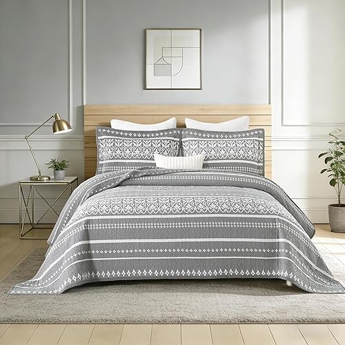 Vista 29 de Juego de edredón bohemio Queen, edredón 100% algodón, tamaño Queen, color beige, bohemio, estampado a rayas, ligero, reversible, para todas las Avena
