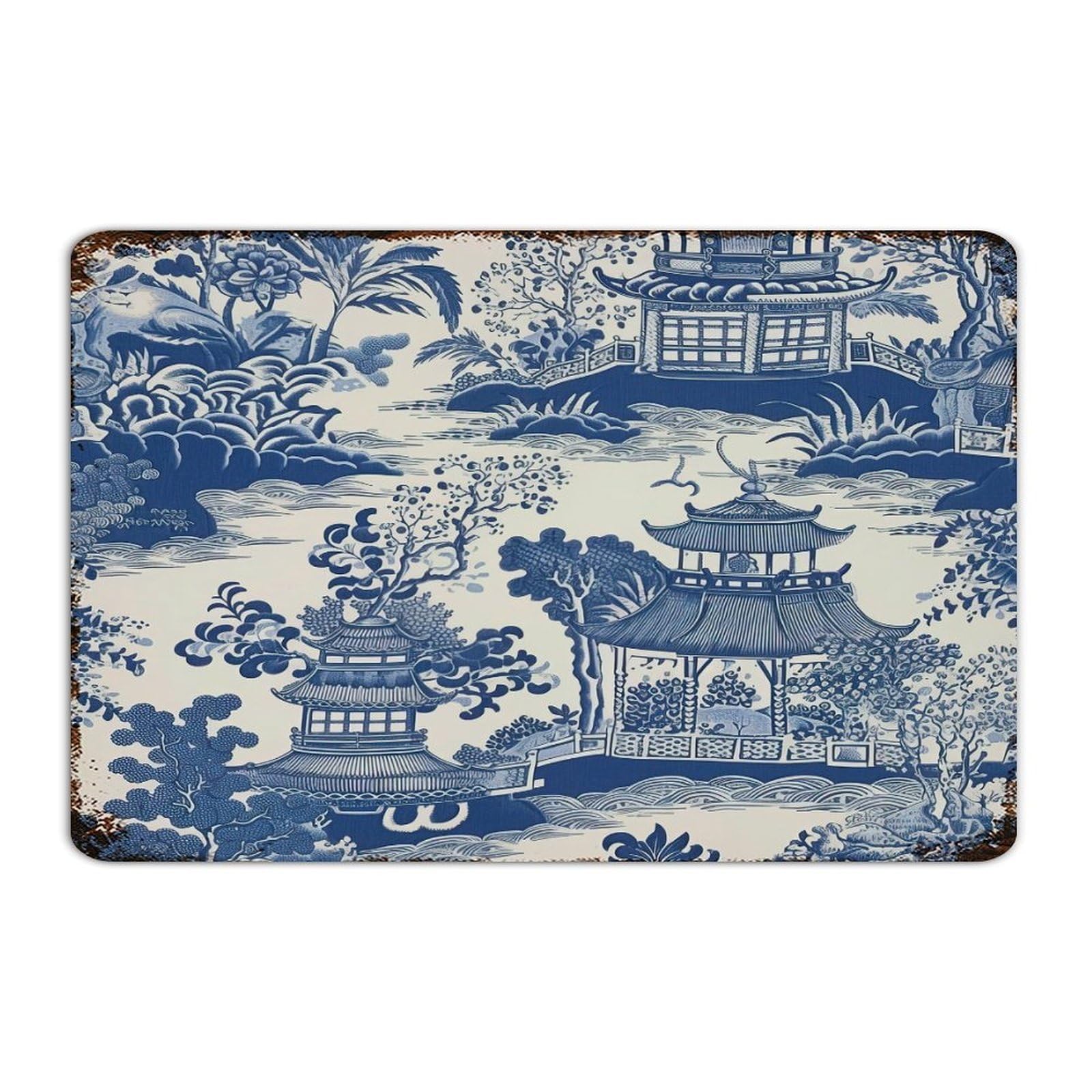 Plaque en métal pagode asiatique bleu et blanc 30x45 cm pour déco murale
