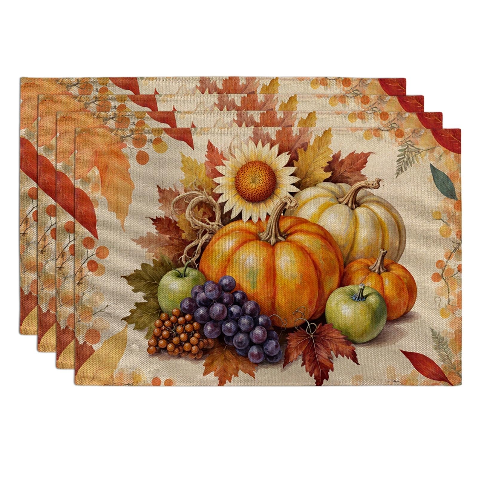 Fall Harvest Placemats, Rustic Autumn Floral Place Mats for Dining Table, Thanksgiving Non-Slip Washable Indoor Outdoor Kitchen Party Decorative Placemat Set of 4