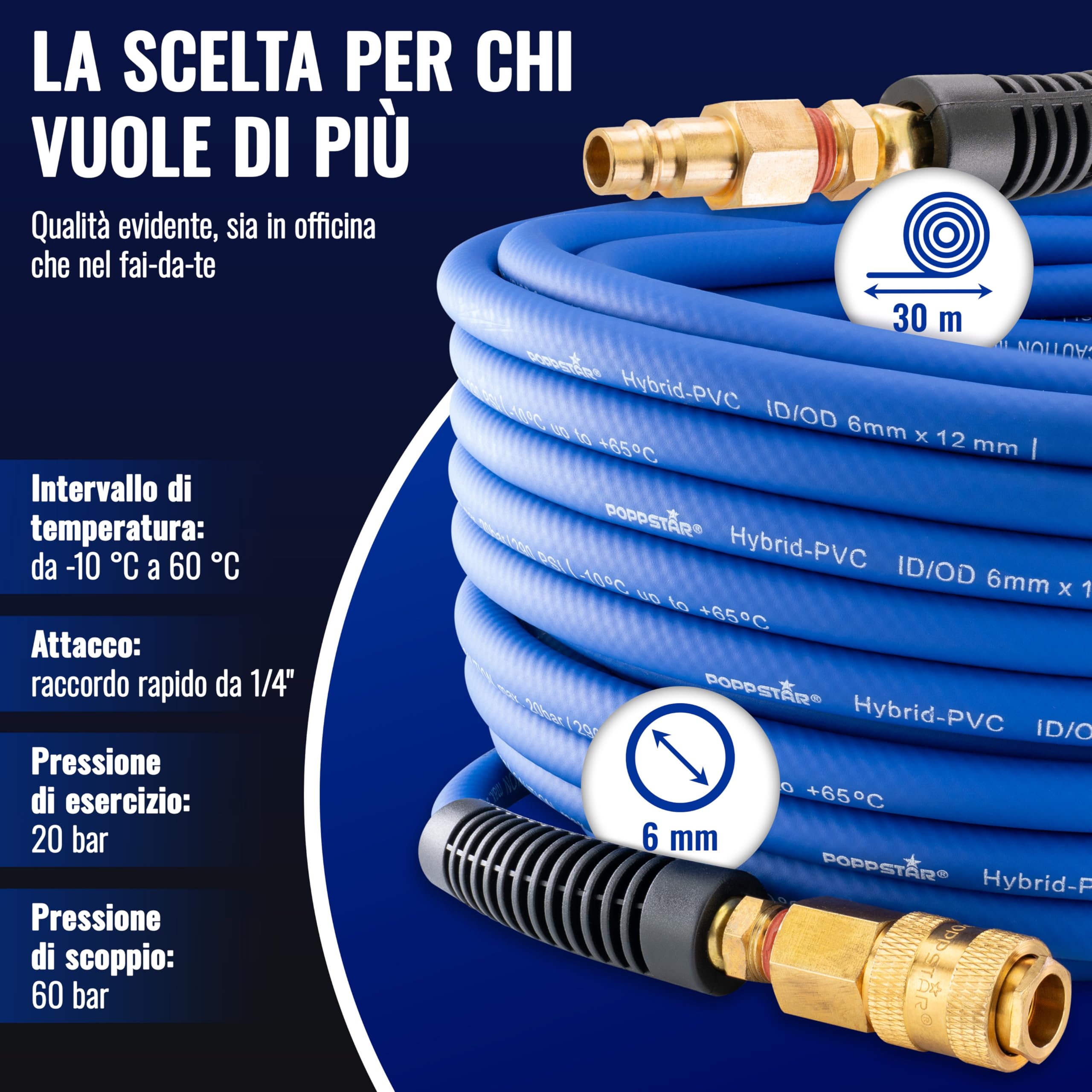 Poppstar Tubo per aria compressa in PVC ibrido 30 m, diametro interno 6 mm, attacco rapido in ottone 1/4", 20 bar, blu
