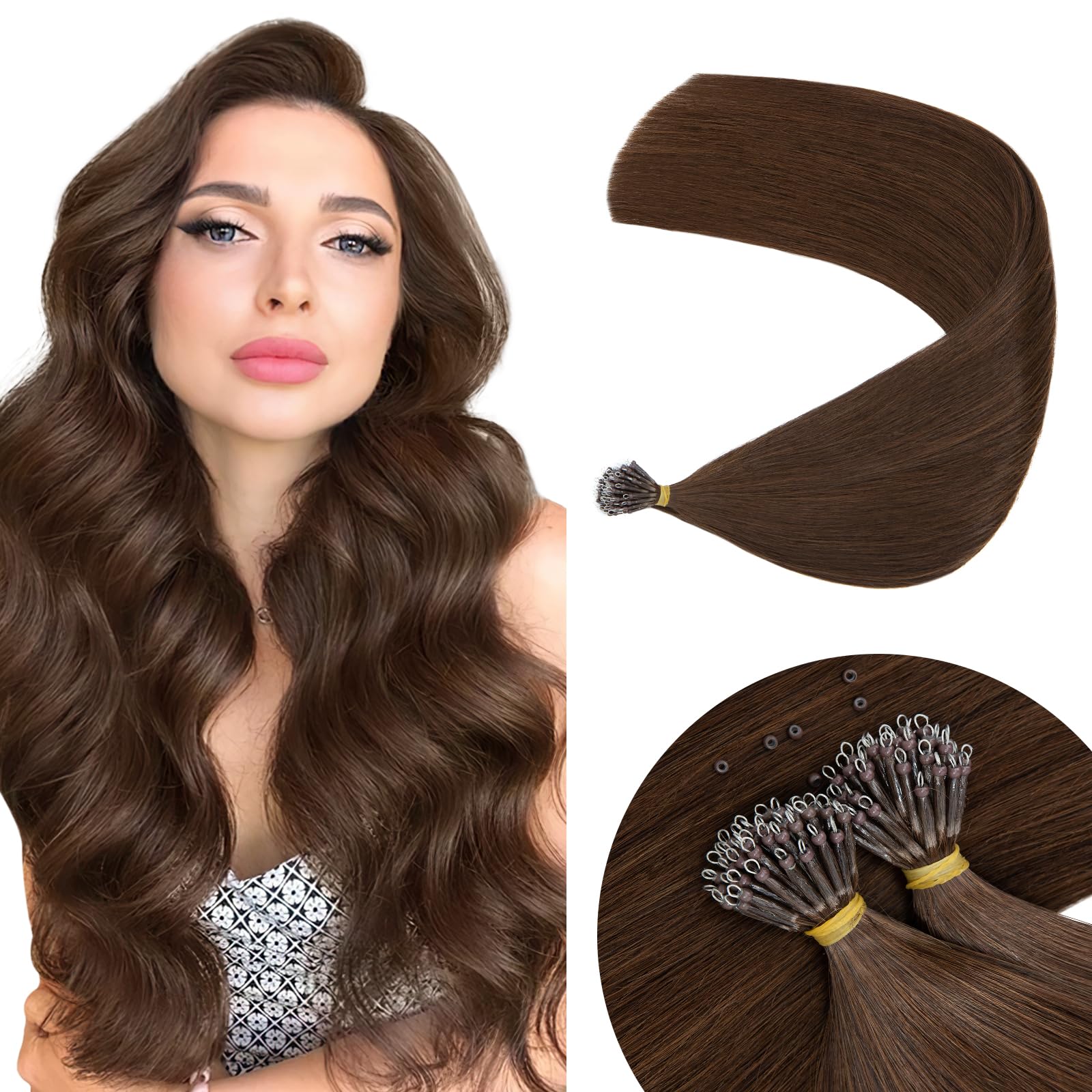 Elailite Nano Ring Hair Extensions Real Human Hair Brown With Nano Beads Cold Fusion 50 Strands Straight Long (#4 Medium Brown