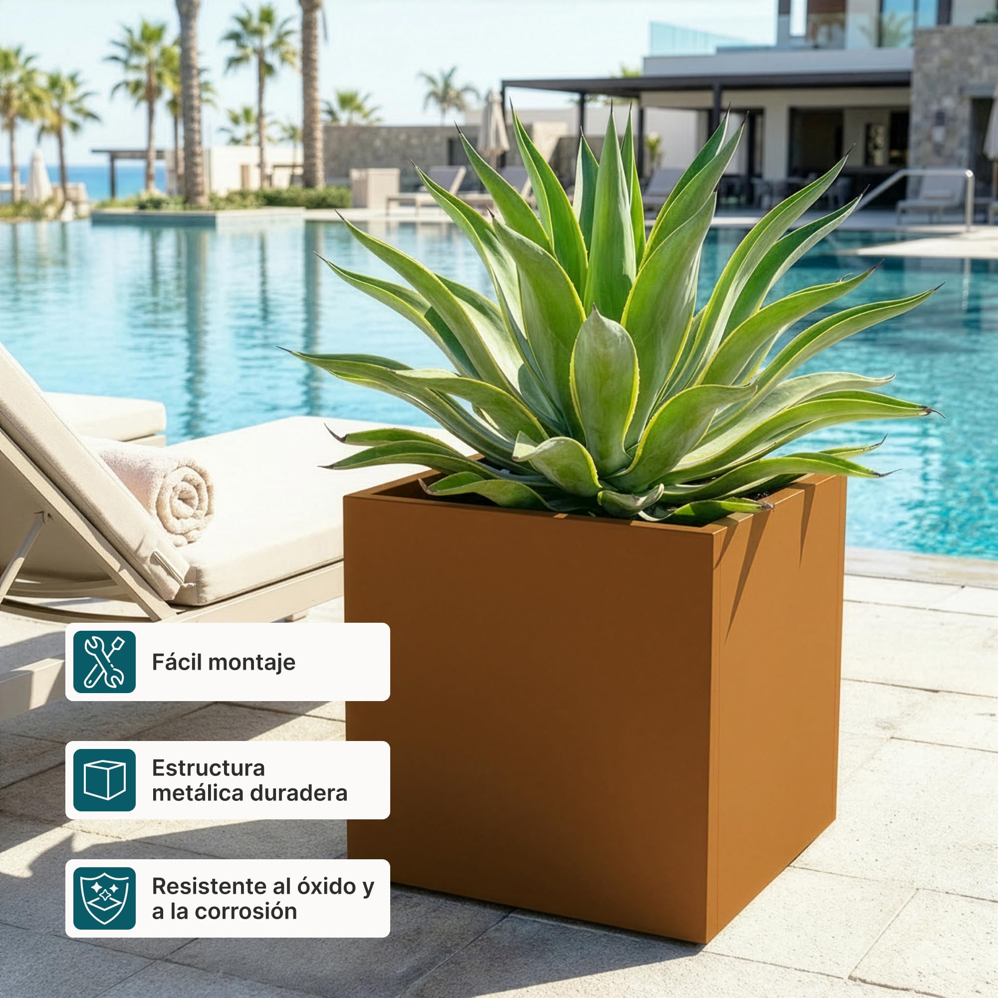 casa.pro Jardinera Vaargel Macetero Alto Cubo Jardinera Exterior Grande para Terraza Jardín Balcón Patio Drenaje Integrado Acero Galvanizado 60 x 60 x 60 cm - Marrón