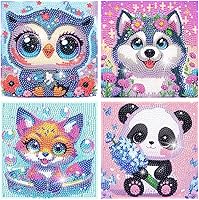 4-Pack Kids Diamond Art Kits: Cartoon Animals Full Drill Diamond Painting for Beginners, DIY Mosaic Crafts 6x6 Inch Wall Decor