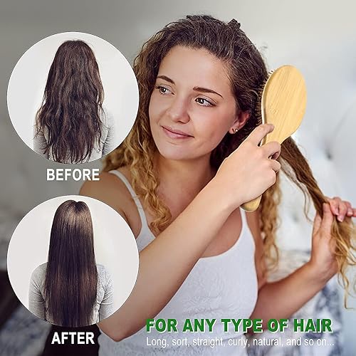 Miniatura 5 de MRD Juego de cepillos para el cabello cepillo desenredante de bambú natural peine de dientes anchos y cola sin cerdas adecuado para mujeres hombres