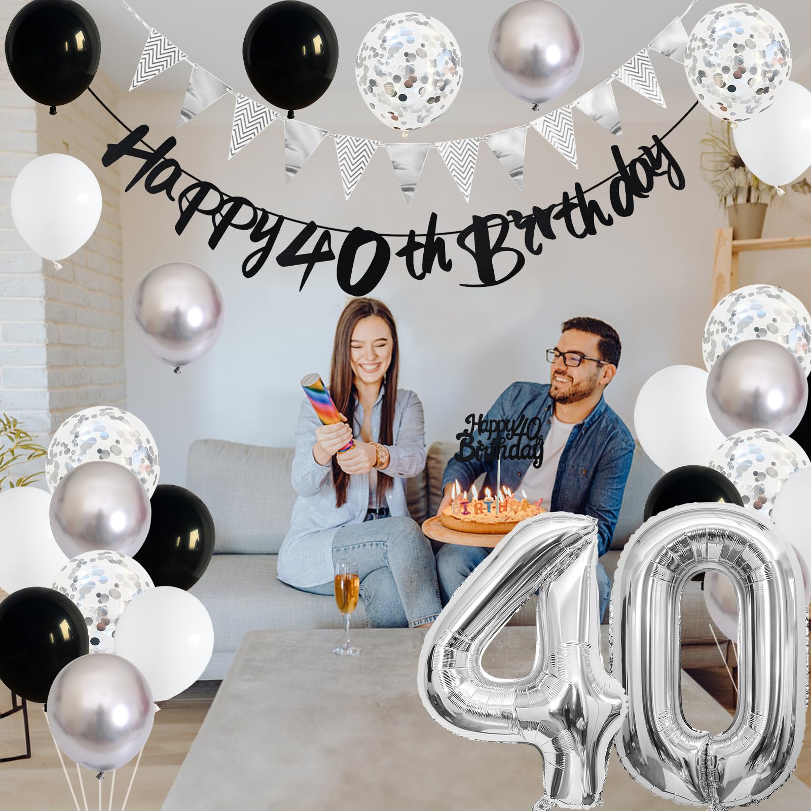 Blue 40th Birthday Decorations Banner For Men, Navy Blue Silver Happy 40th Birthday Banner For Men Women 40 Years Party Decorations Supplies 72.8 X