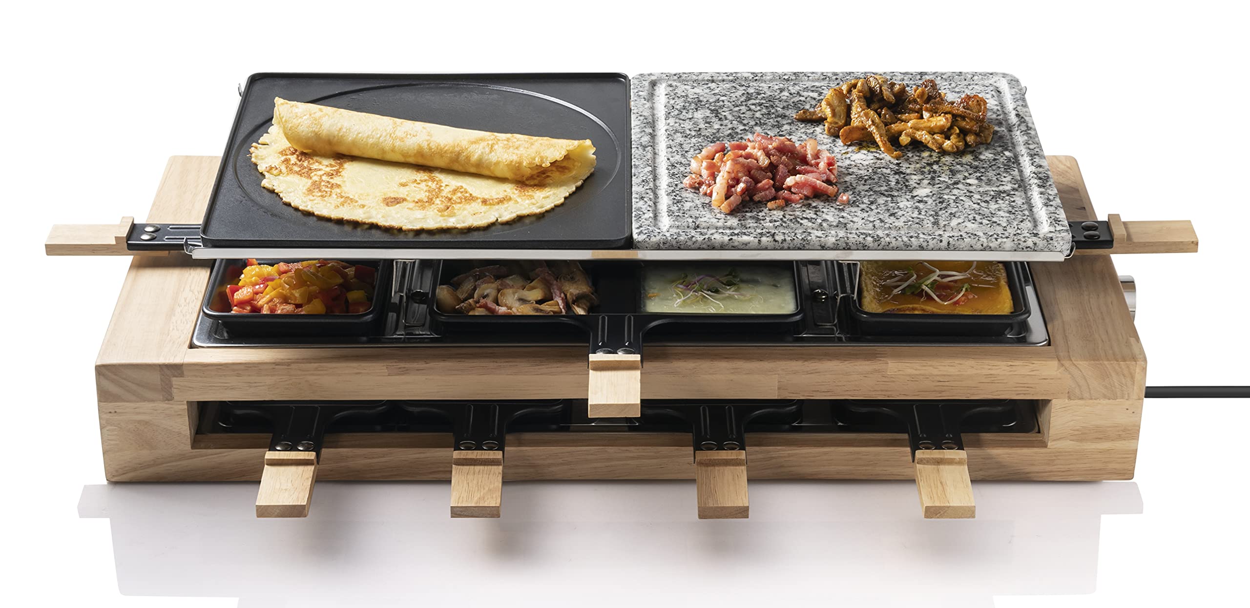 Amazon.de: Bestron XL Raclette Grill, elektrisches Party-Raclette-Grill fr  bis zu 8 Personen, mit Naturgrillstein- & antihaftbeschichtete Grillplatte,  inkl. groes Pfnnchen-Set, 1.500 Watt, Holzdesign