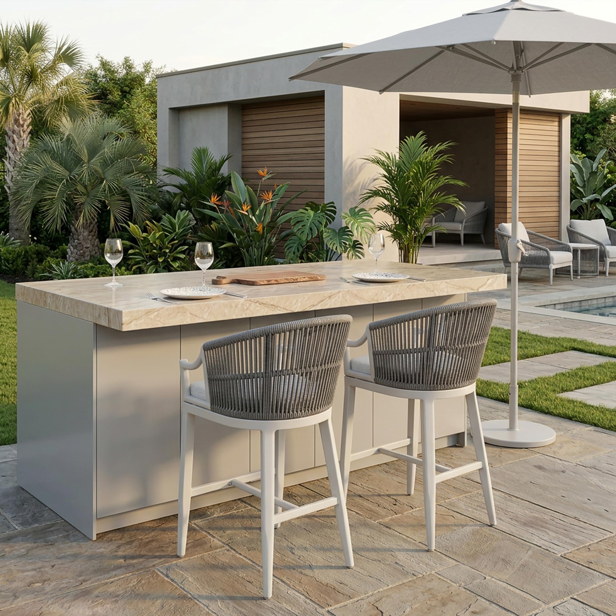 PURPLE LEAF Outdoor Bar Height Stool Chairs Set of 2 Handwoven Rope, White
