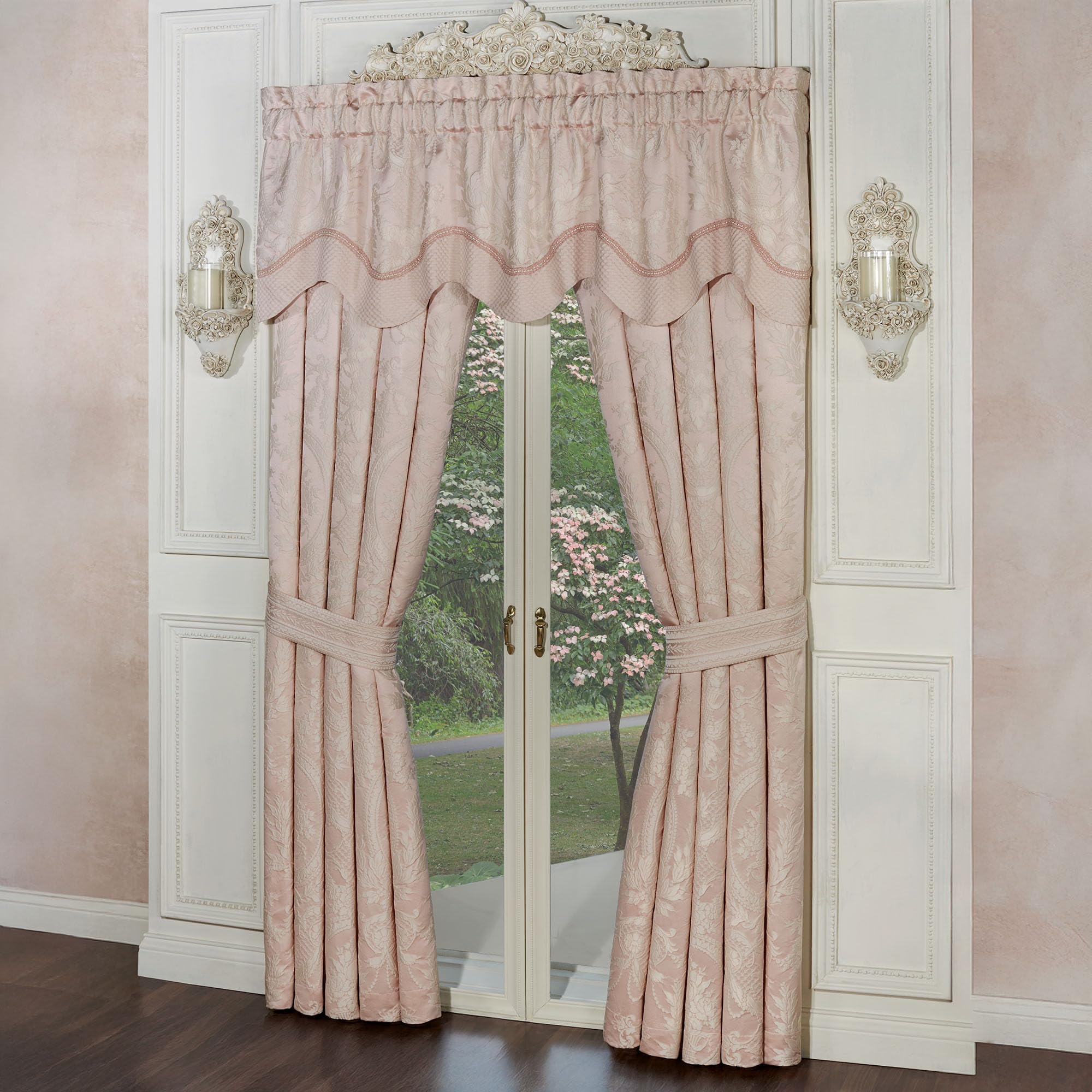 Marquessa Luxury Scalloped Window Valance & 95L Curtains Set, Blush Pink | Puff Jacquard-Woven, Traditional Floral Bouquet & Swag Motifs, Wide Drapery
