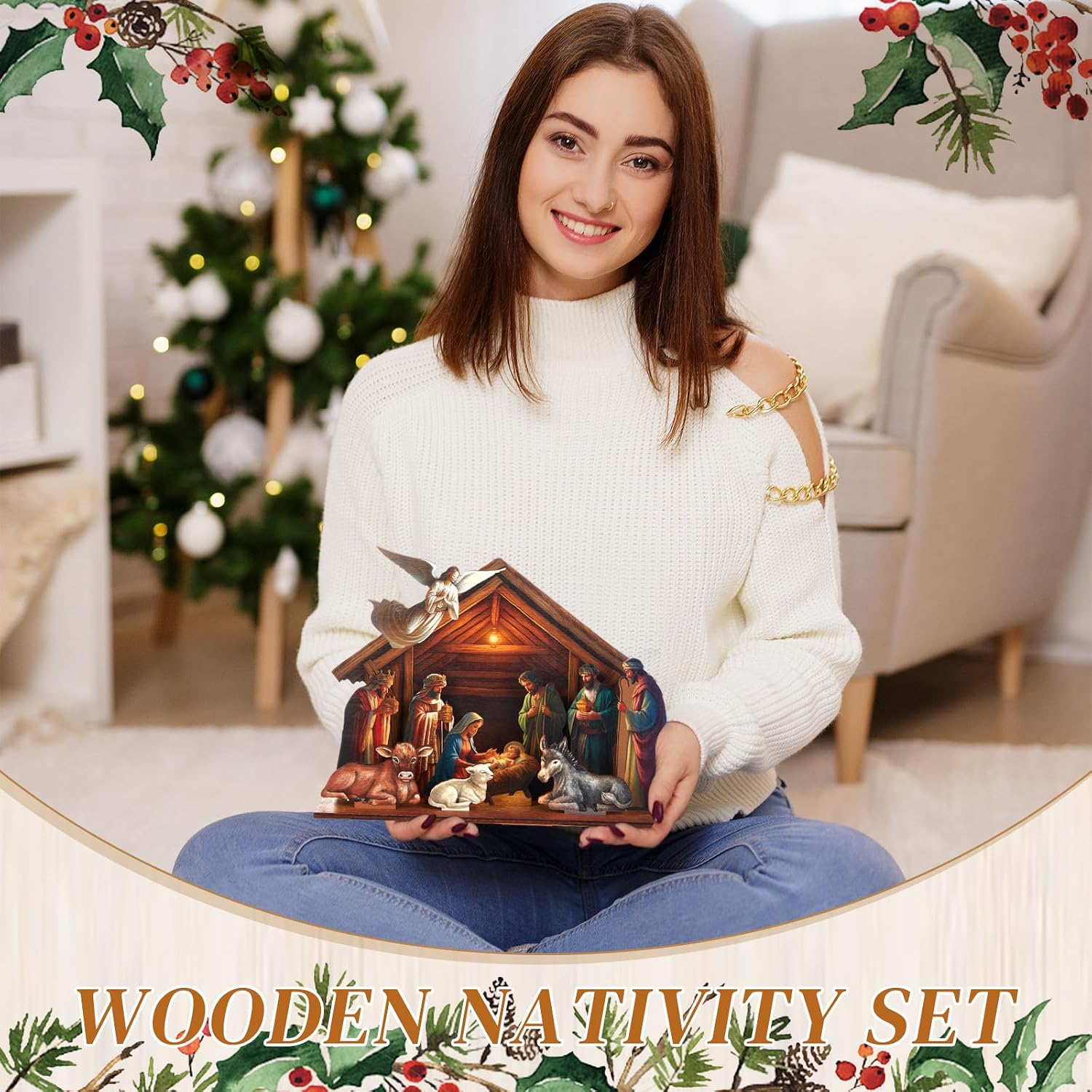 Thyle Wooden Nativity Figurine Set Xmas Birth of Jesus Story, Holy Glow