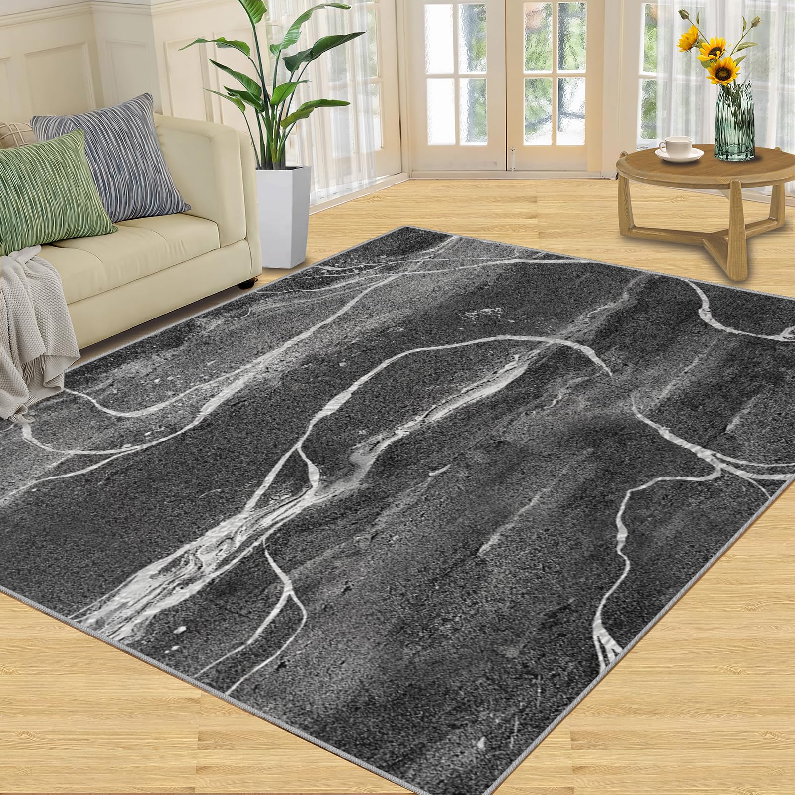 Tappeto lavabile 150 x 200 cm nero astratto marmo con strisce curve bianche antiscivolo, tappetino impermeabile per decorazione domestica, sala giochi, bar e ufficio