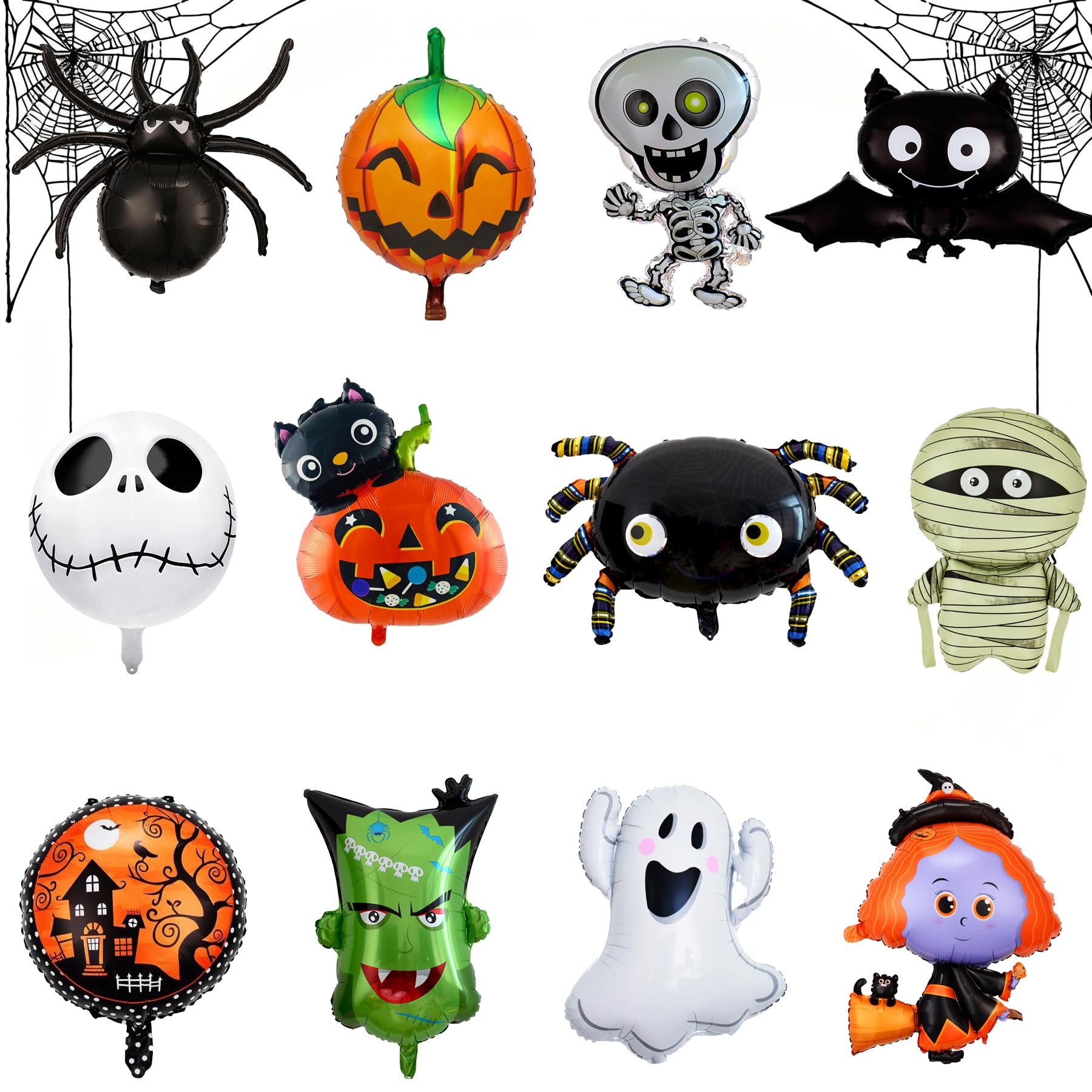 BAIYSFFG 12 Pcs Oversized Halloween Foil Balloons Party Decorations for Kids - Spider, Bat, Ghost, Witch, Pumpkin Helium Balloon,Giant Balloons Set for Halloween Night Party Supplies