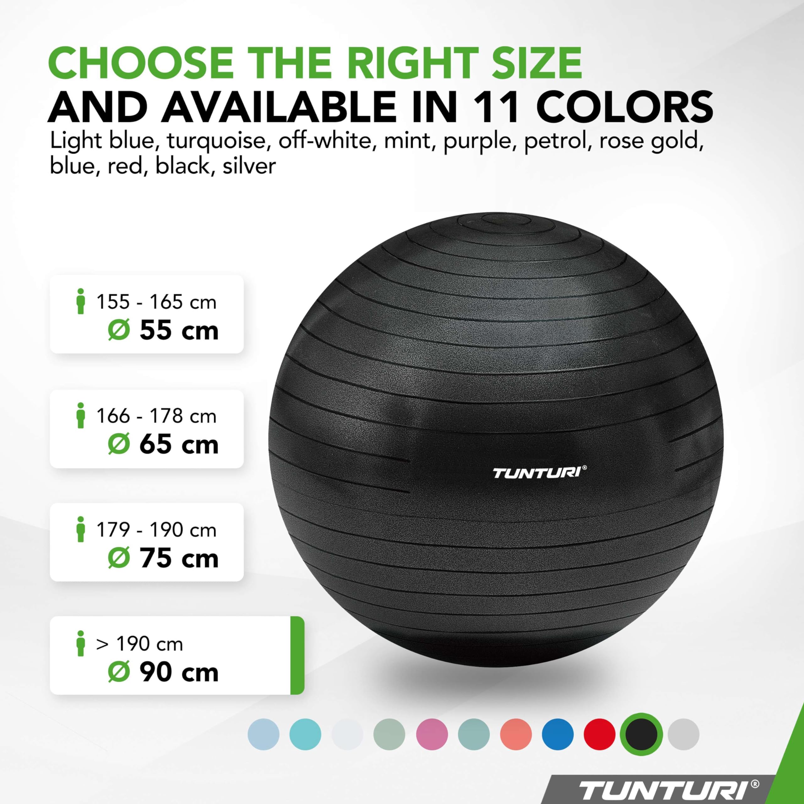 Tunturi Piłka gimnastyczna, 55 cm, 65 cm, 75 cm, 90 cm, piłka do fitnessu, do jogi, pilatesu, do domu, biura