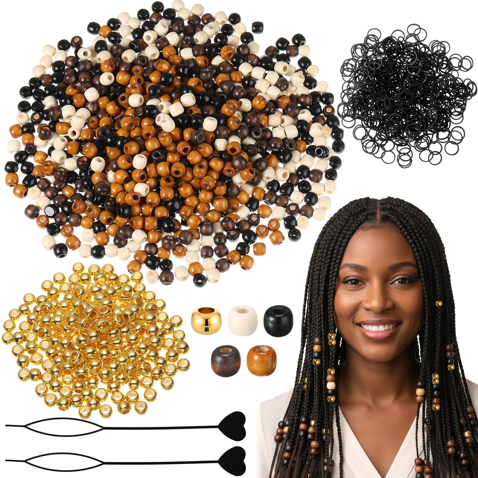 Suncalla Kit de 1502 piezas de trenzas de pelo colorido que incluye 1000 cuentas de pony de 9 x 6 mm, 500 bandas elásticas de goma, 2 cuentas rápidas para trenzas, accesorios de rastas, fabricación de
