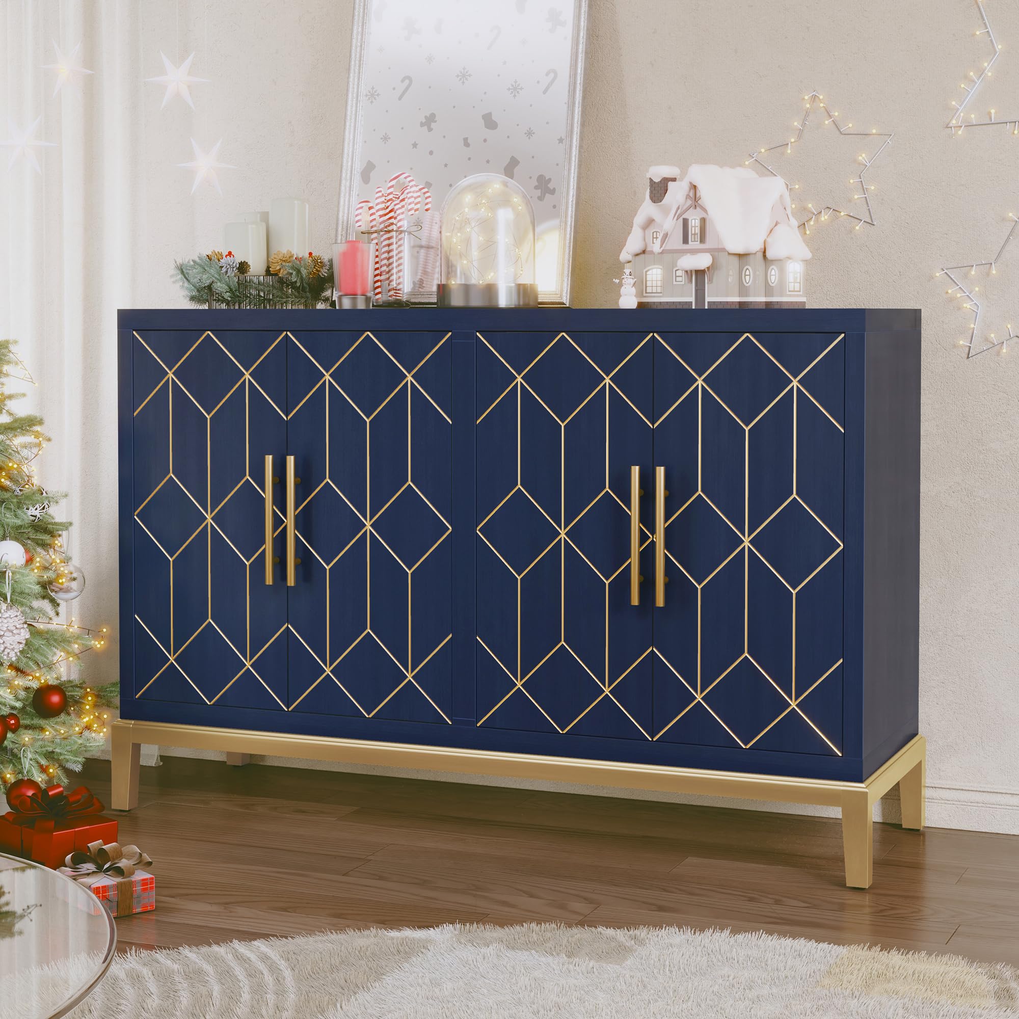 hlr 48" accent cabinet with 4 doors and shelves, modern credenza storage cabinet with gold trim, sideboard buffet for living room, kitchen, dining room, hallway, blue