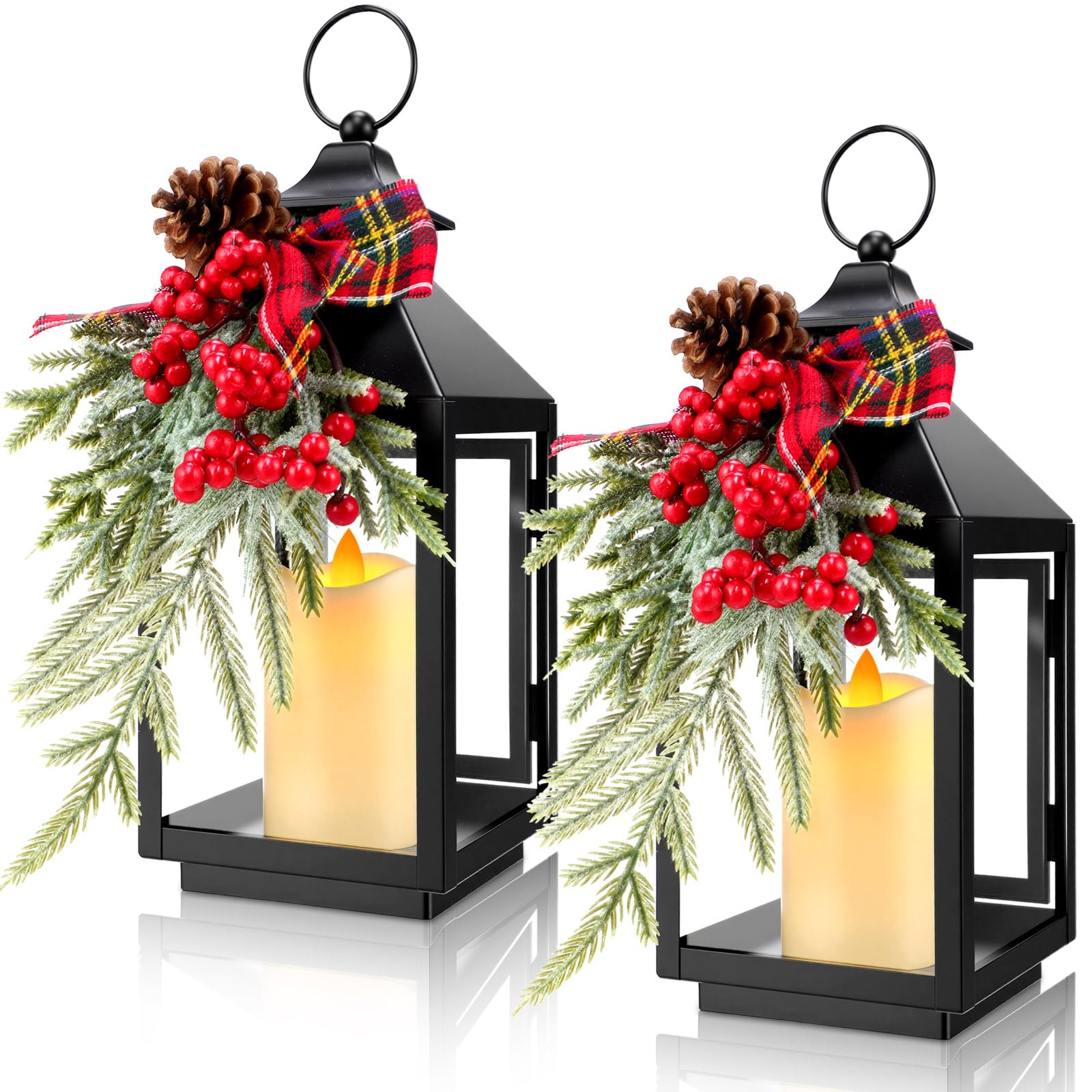 Honoson 2 faroles de Navidad decorativos con vela LED sin llama de metal colgante de Navidad vintage farol de vela verde rojo cinta baya para interiores y exteriores, Navidad, hogar, porche