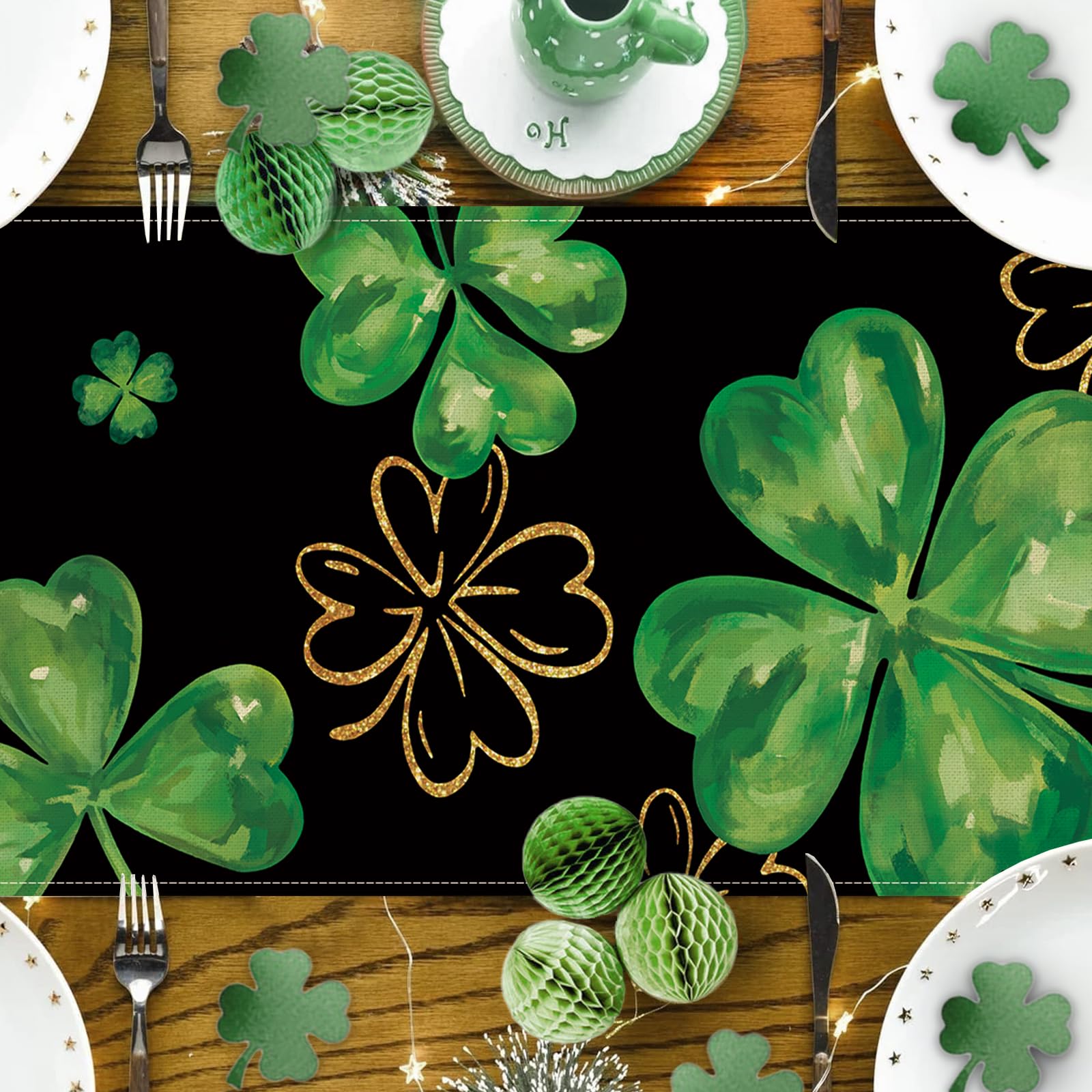 St Patrick's Day Table Runner 13x72 Inches - Shamrock Top Hat Gold Coin Burlap Decor For Kitchen Dining Party - View #9