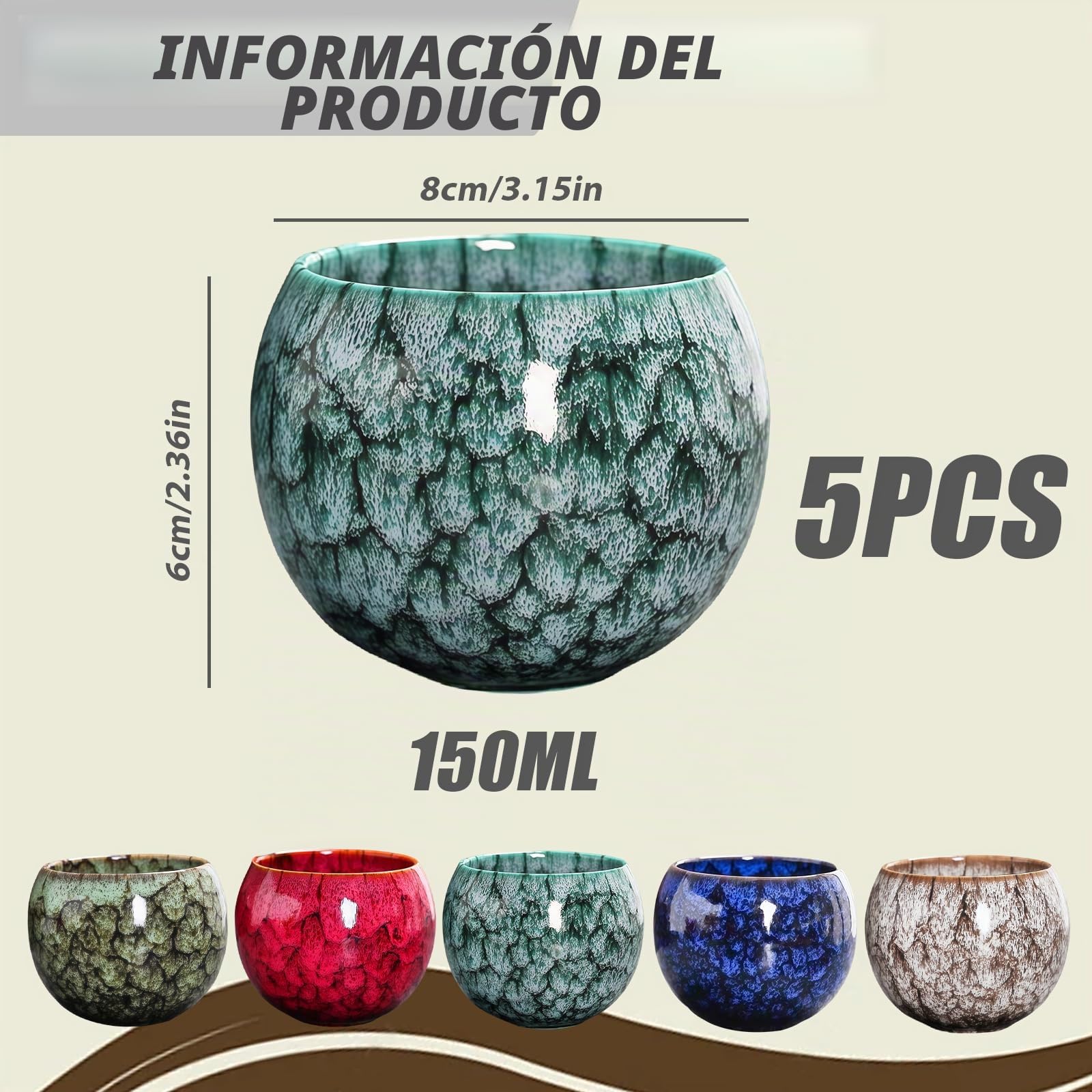 Juego de 5 tazas de café de cerámica, hechas a mano, de porcelana, de pared gruesa, sin asa, 150 ml, para café expreso, té