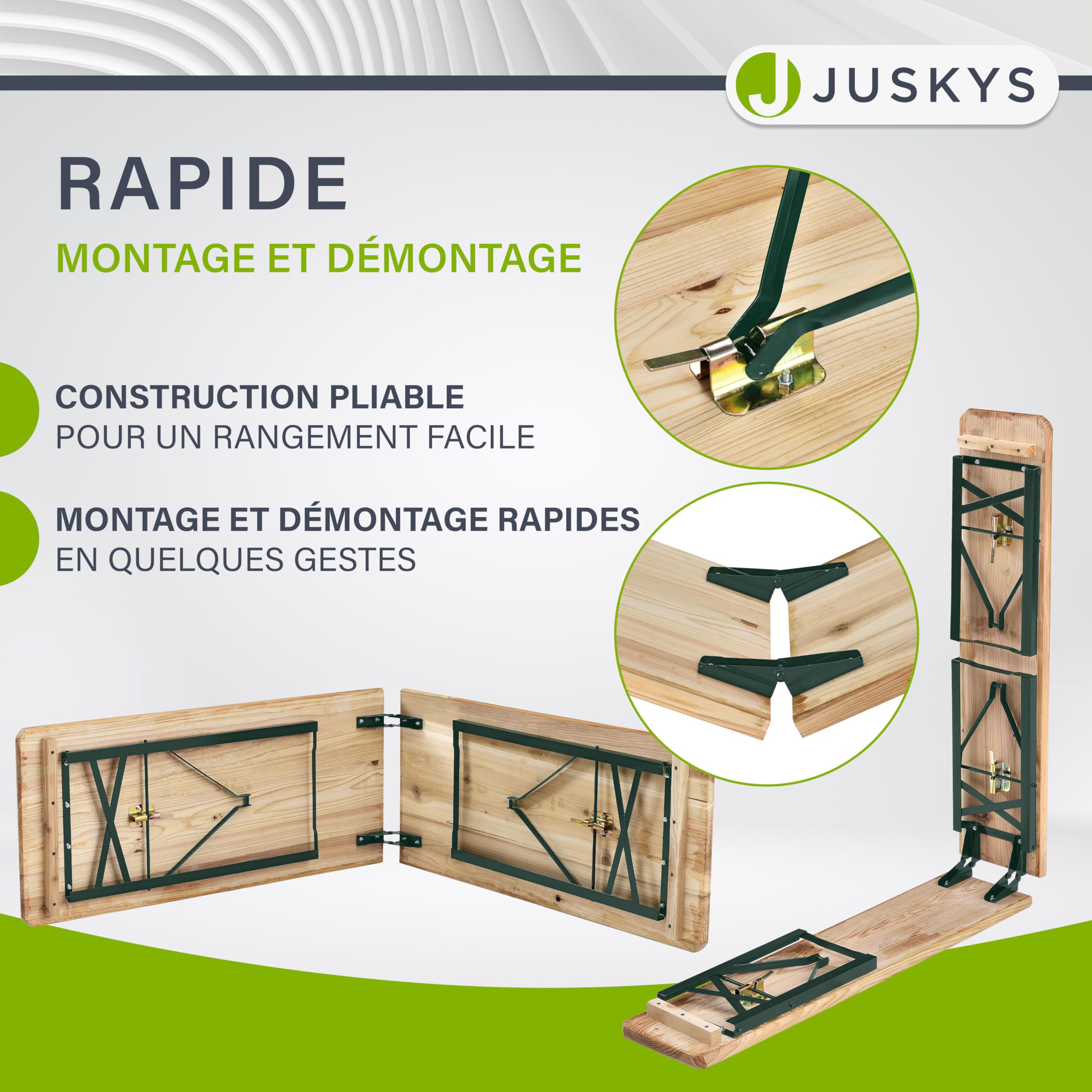 Juskys Ensemble Table et bancs de Brasserie - 3 pièces & Pliable - 220 x 50 x 77 cm - Table Pliante Exterieur & 2 bancs - Set de Meubles de Jardin en Bois de Sapin & Acier