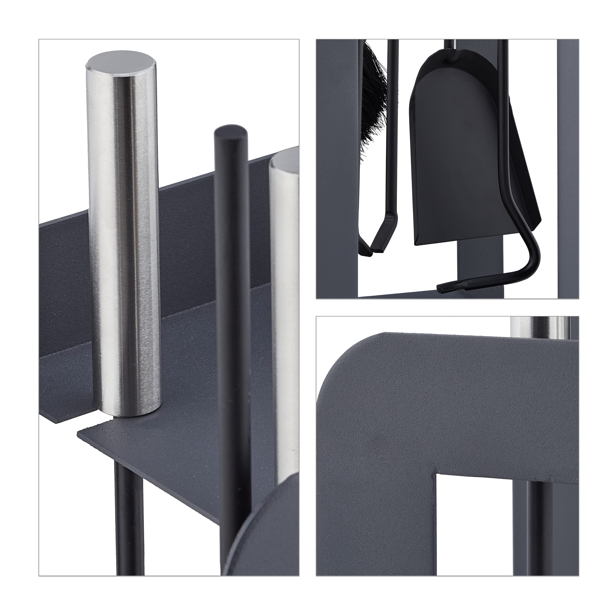 Relaxdays Accesorios Chimenea, Set de 5 Piezas, Atizador, Pala, Escoba, Pinzas y Soporte, Útiles Estufa, Gris/Plateado, Acero, 60 x 22,5 x 16 cm