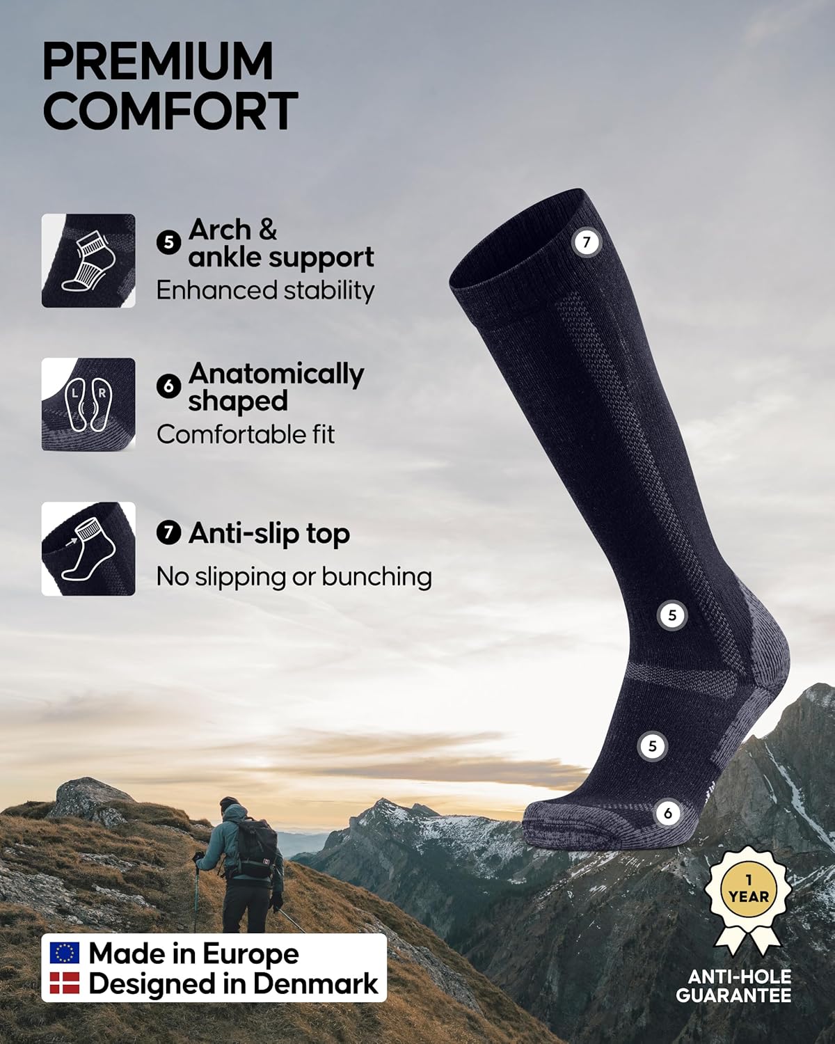 DANISH ENDURANCE Knee High Hiking Socks, Merino Wool, Long Thermal Socks, for Women & Men - Image 3