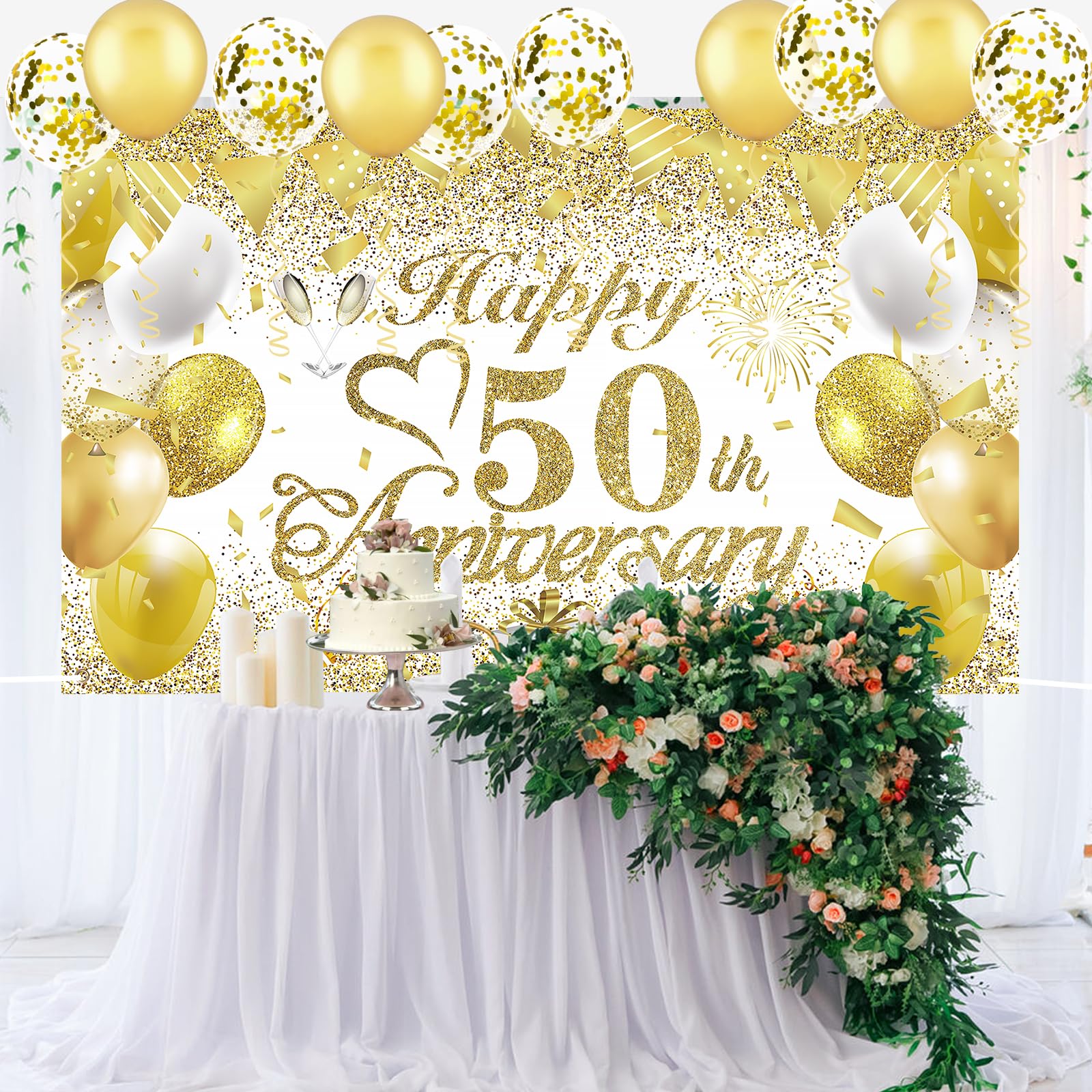 Decorazione 50° Anniversario Matrimonio - Striscioni, Palloncini E Cake Topper Oro E Bianco - Foto 7
