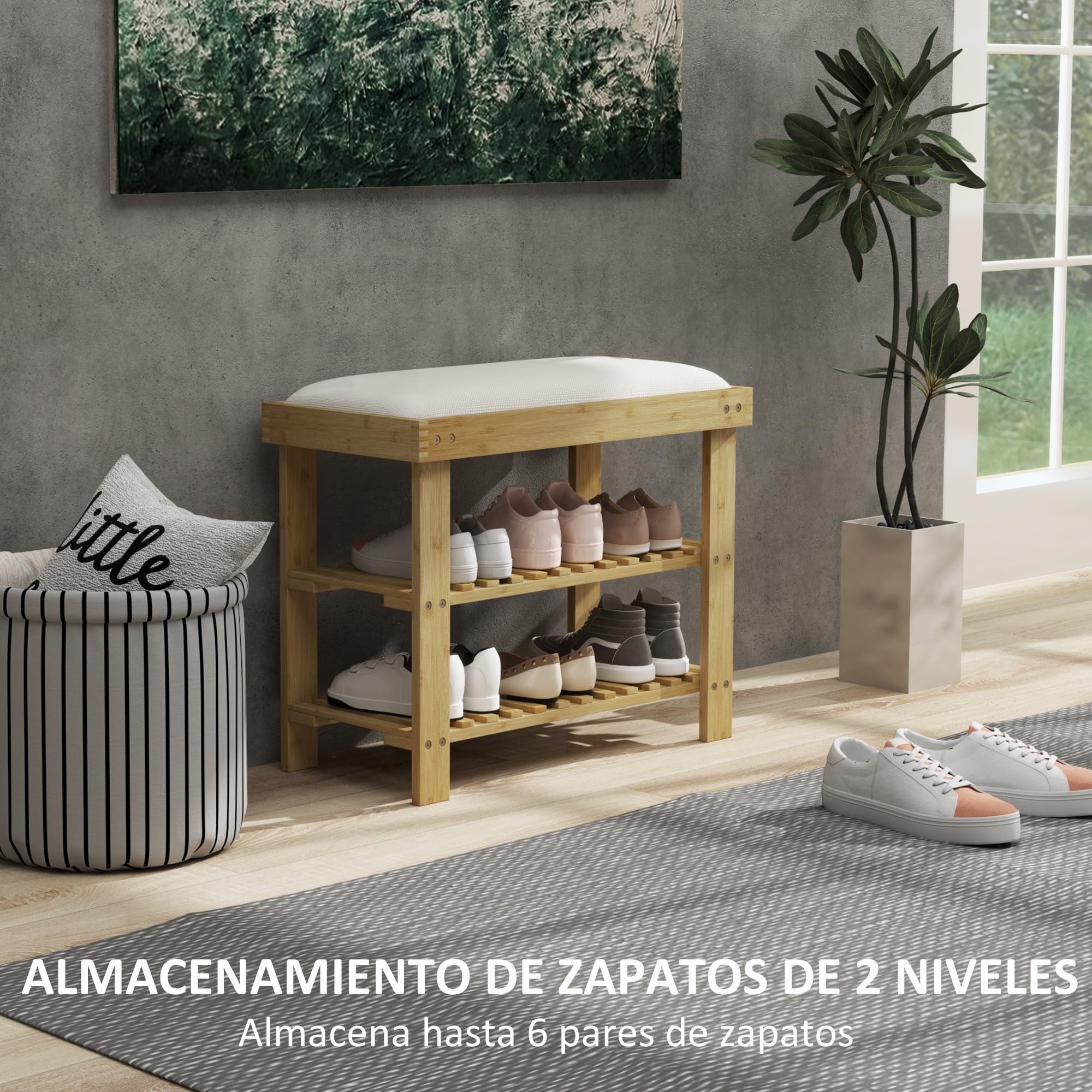 HOMCOM Banco Zapatero de Bambú con Asiento 60x29x49 cm Natural y Crema