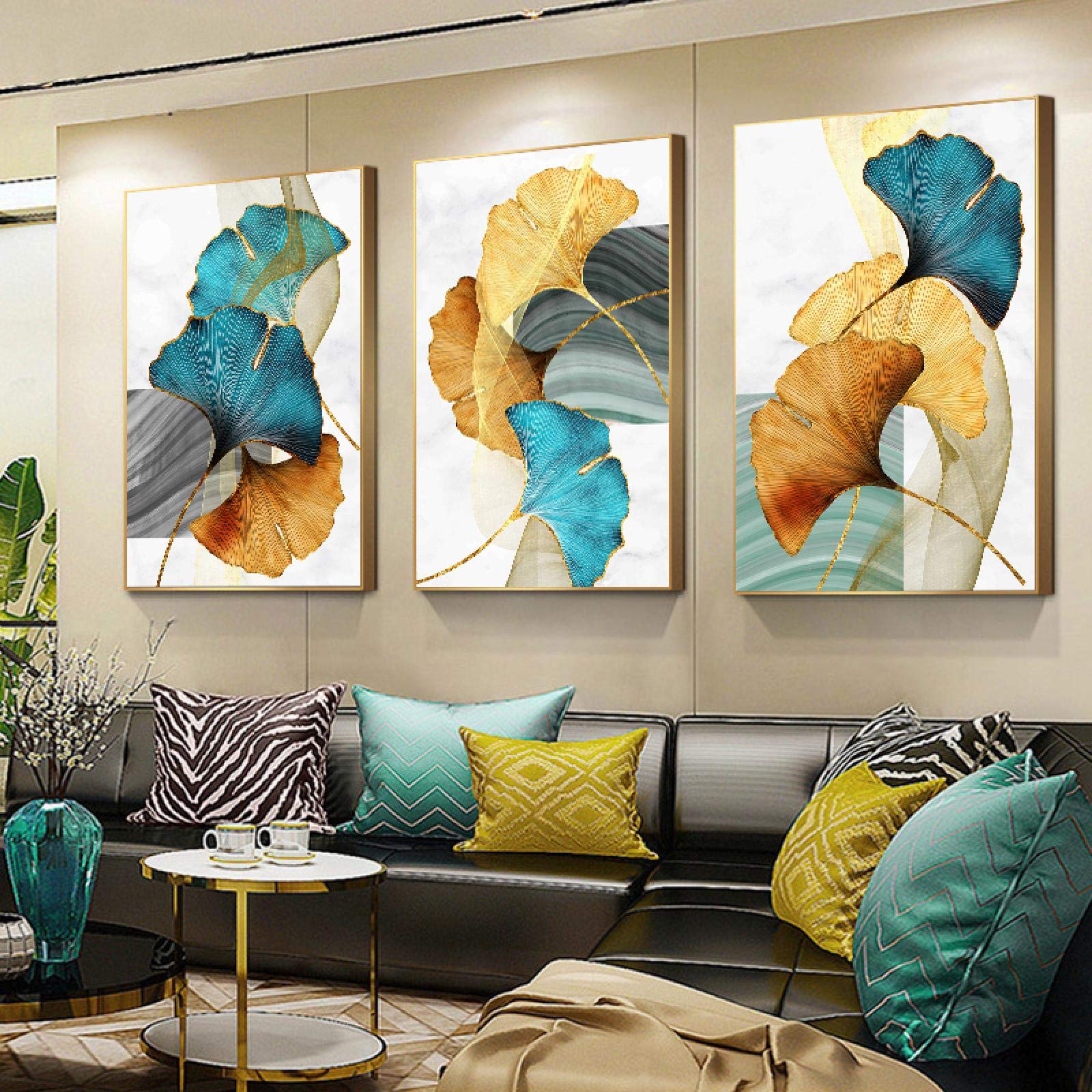 Affiche nordique plante feuille abstraite 3 toiles 50x70cm bleu vert jaune or pour salon