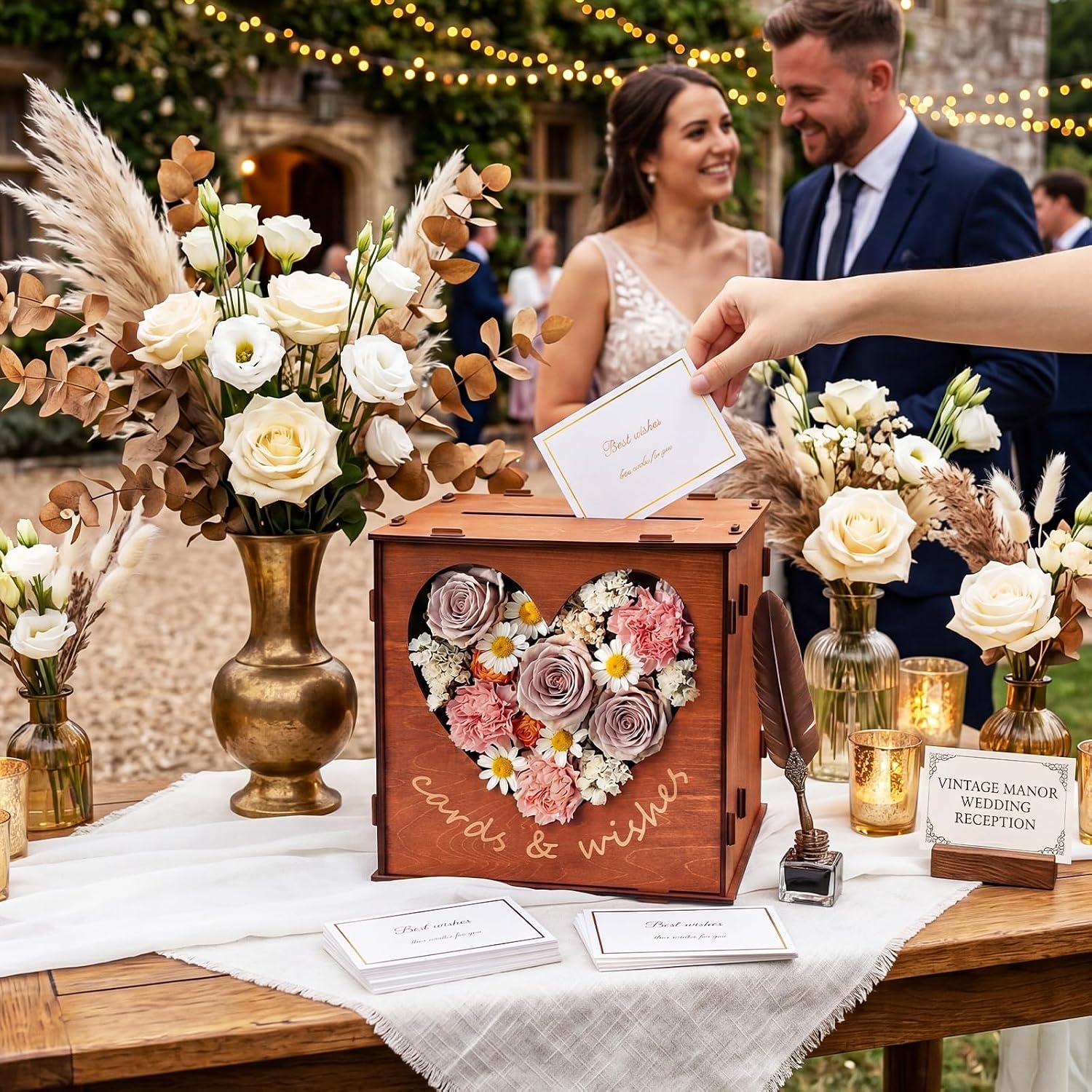 Novabright Wooden Wedding Card Box with Flower Trough Heart Window, Brown Large Money Gift Box for Wedding Reception Graduation Baby Shower Birthday Party Decor