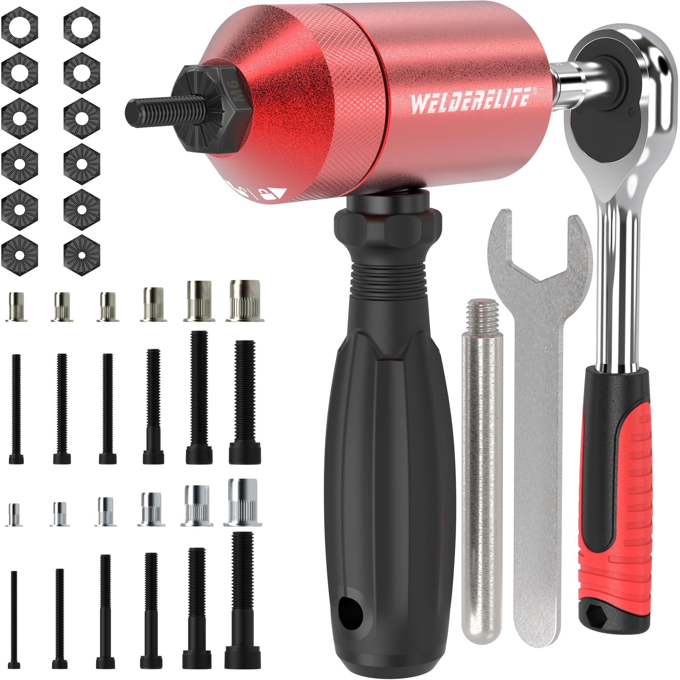 WelderElite Rivet Nut Drill Adapter Kit - Dual Drive Modes: Drill/Ratchet, with 270pcs Nuts & 36pcs Mandrels (red)