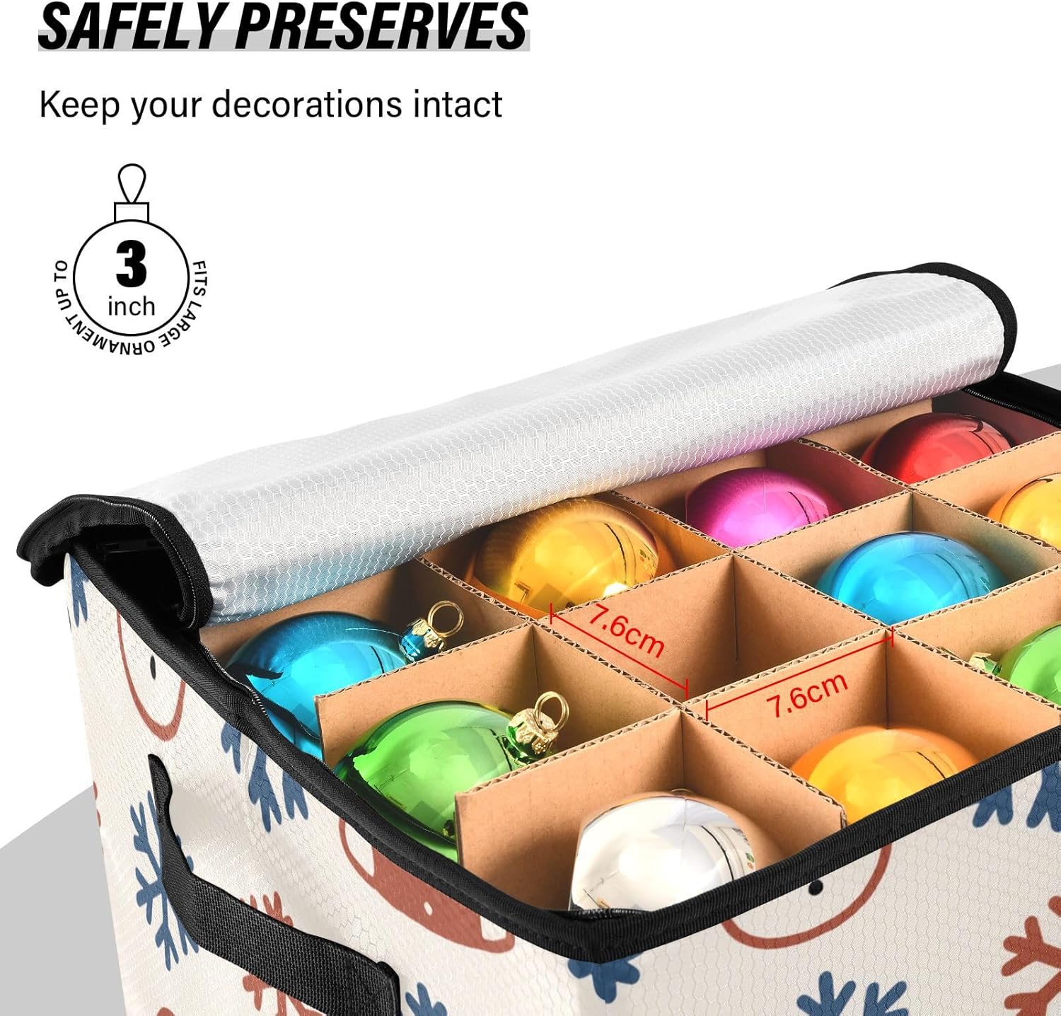 High Capacity Christmas ornament organizer Holds Up to 64, Adjustable Dividers, Zippered Top, Two Handles Large Holiday Storage Case with Lid,Christmas Snowman Deer Rust Red Indigo