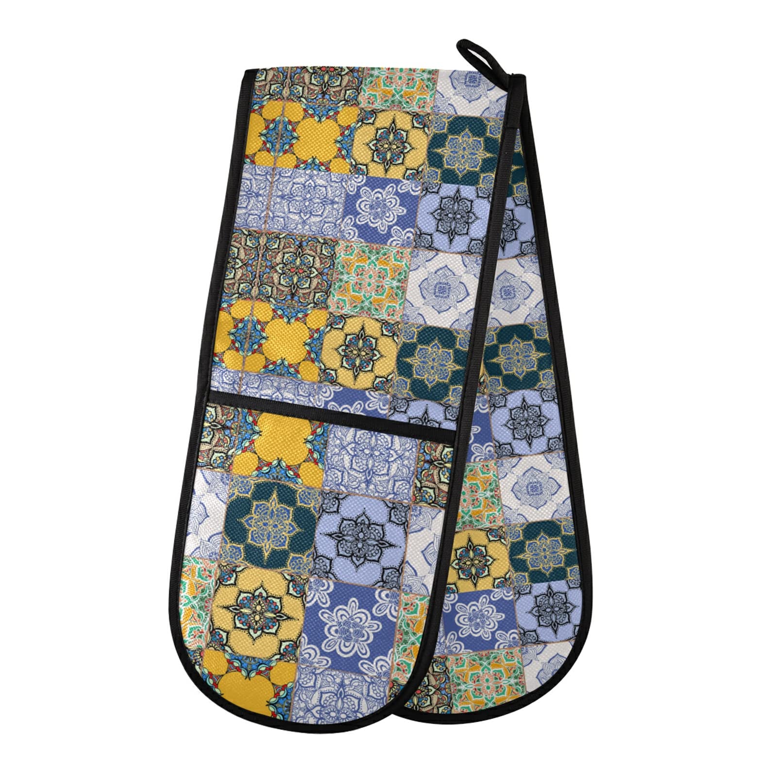 Poeticcity Multi 8 Tribal Moroccan Portuguese Tiles Ornaments Blue White Yellow Double Oven Mitt Gloves Extra Long Potholder High Heat Resistant For Baking Cooking Baking Grilling Handling Hots Pans 35"X7"