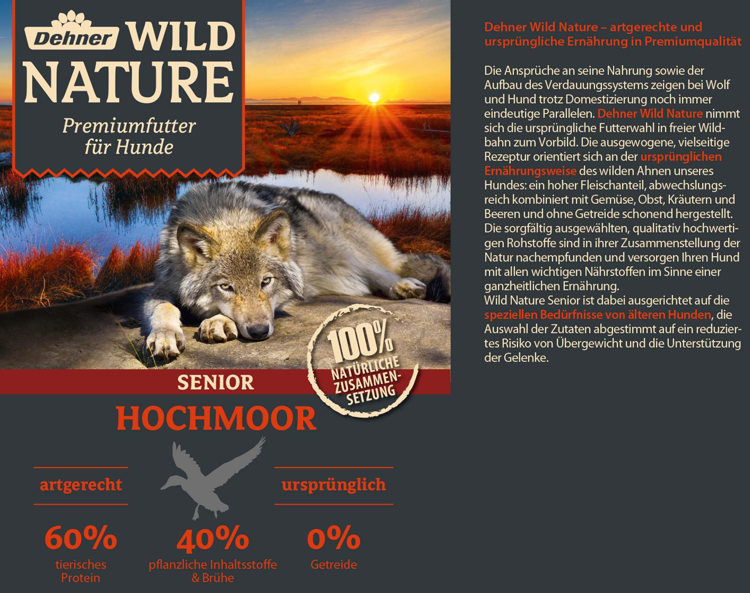 Dehner Wild Nature Hundefutter Hochmoor, Nassfutter getreidefrei / zuckerfrei, für ältere Hunde, Ente, 6 x 800 g Dose (4.8 kg)