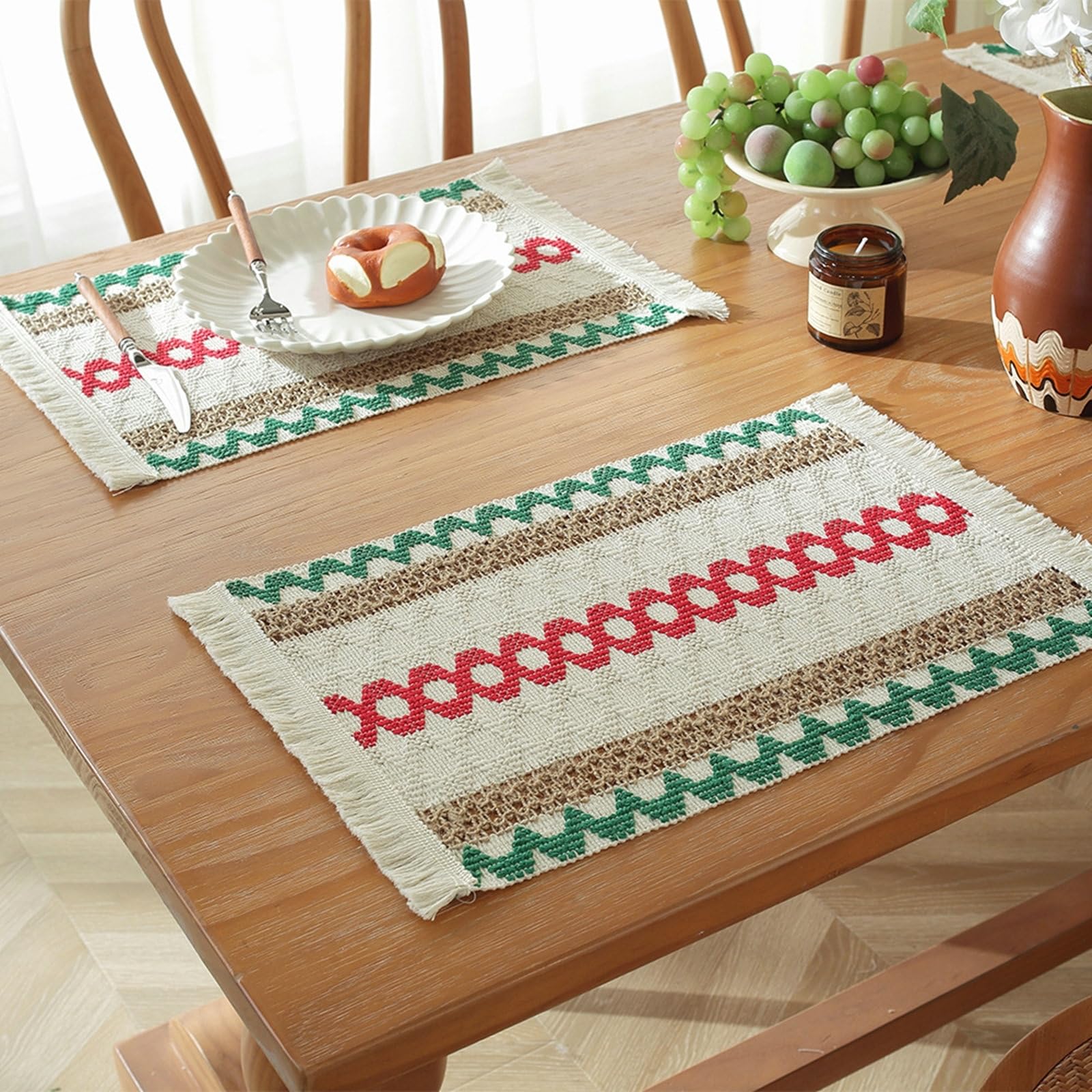 Set de table en coton jute lavable Beydodo rectangulaire avec pompons