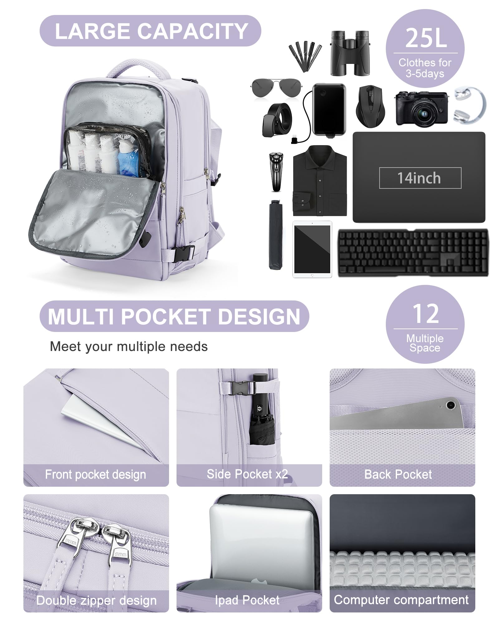 BJLFS Borse da Cabina per Ryanair 40x20x25 Zaino sottovuoto da viaggio Bagaglio a Mano con compressione sottovuoto,Zaino Easyjet 45x36x20,Zaini Casual per laptop da 14 pollici per scuola