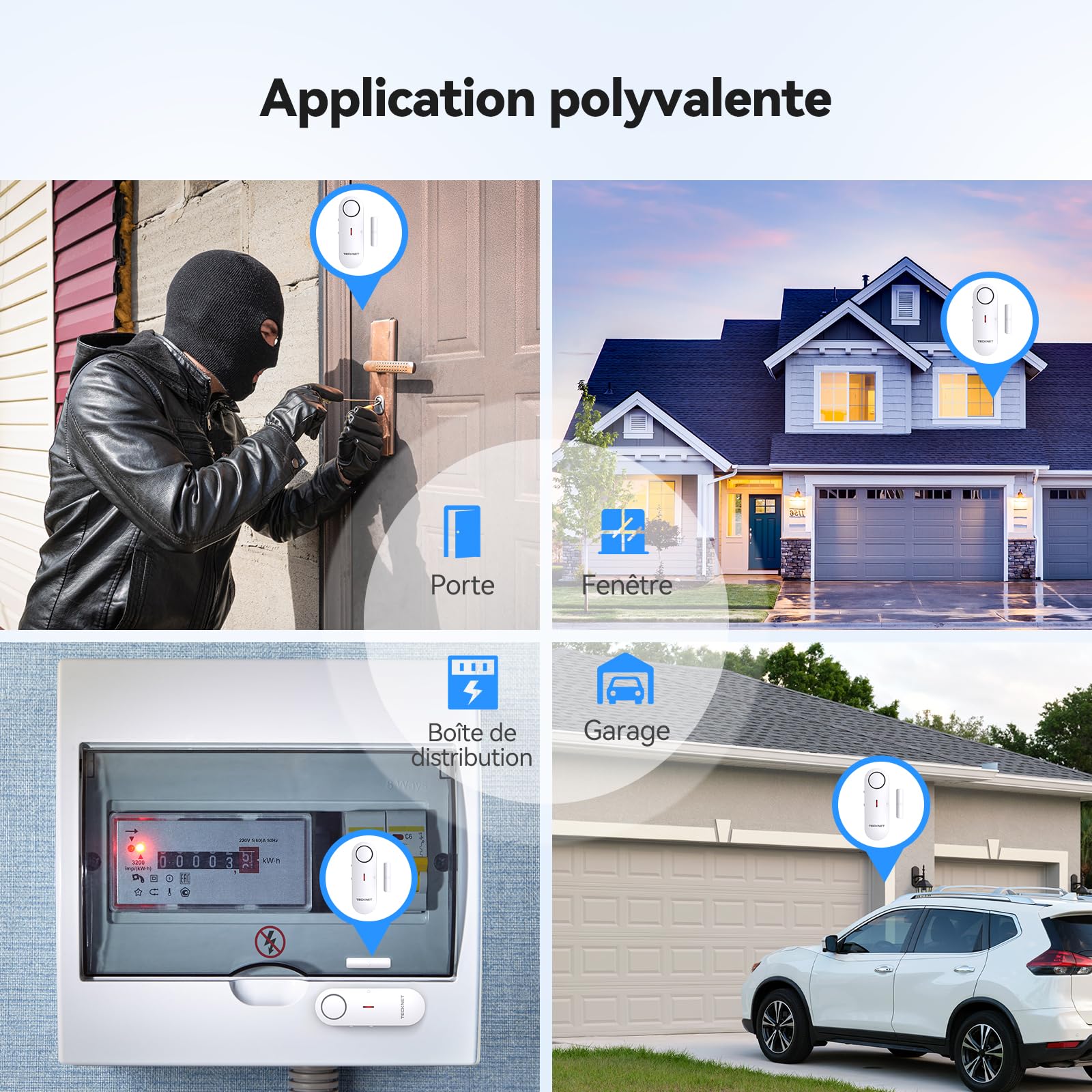 TECKNET Alarme Porte et Fenêtre sans Fil, Alarme et Carillon 2 en 1, Contrôle du Volume à 3 Niveaux, Systeme Alarmes Maison, Alarmes Antivol sans Fil pour la Maison, Le Magasin, Le Bureau (6 PCS)