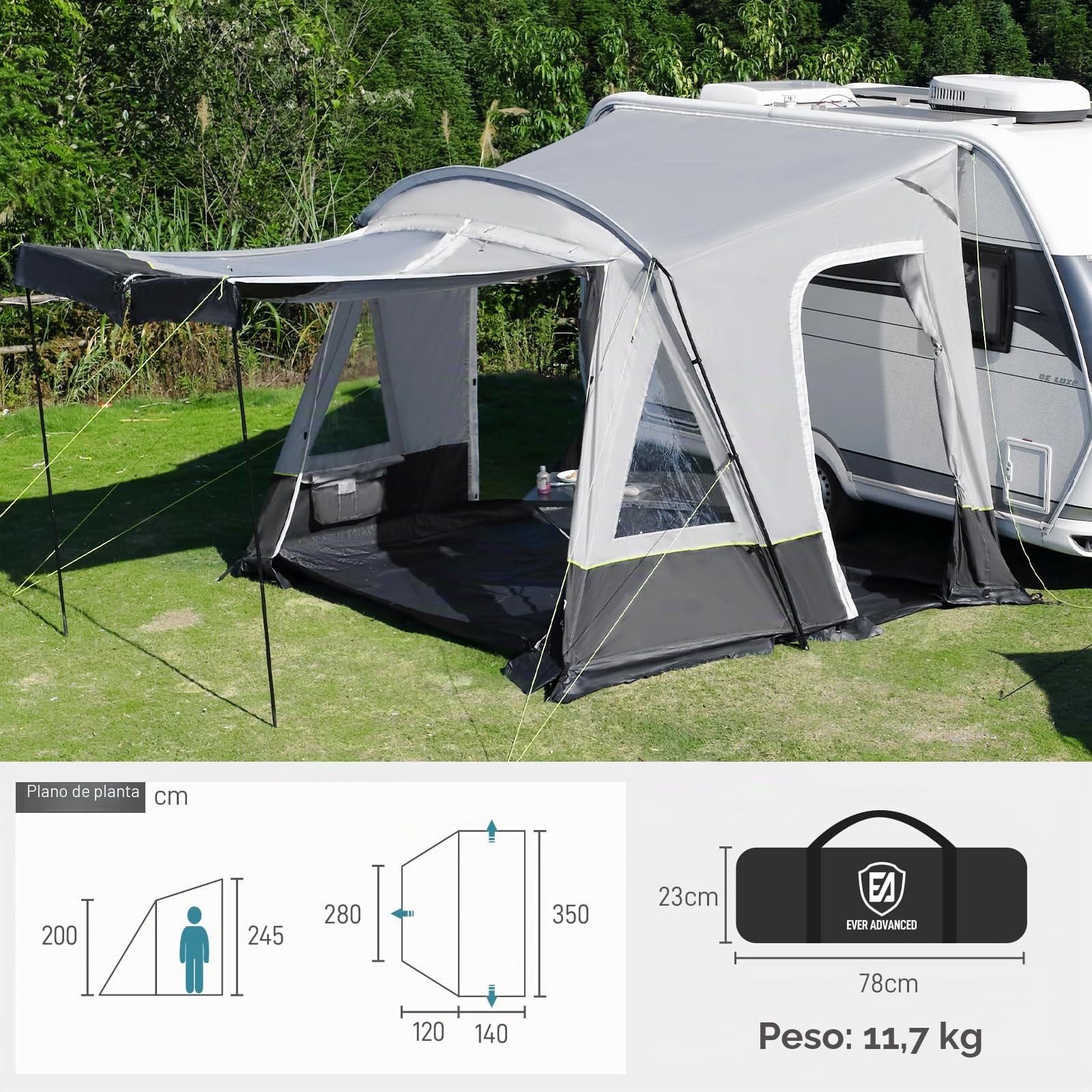 EVER ADVANCED Toldo para caravana 350 x 260 x 245 cm para autocaravana con 2 ventanas, puerta lateral, puerta más grande como techo, toldo de viaje PU 3000 mm resistente al agua, adecuado para viajes