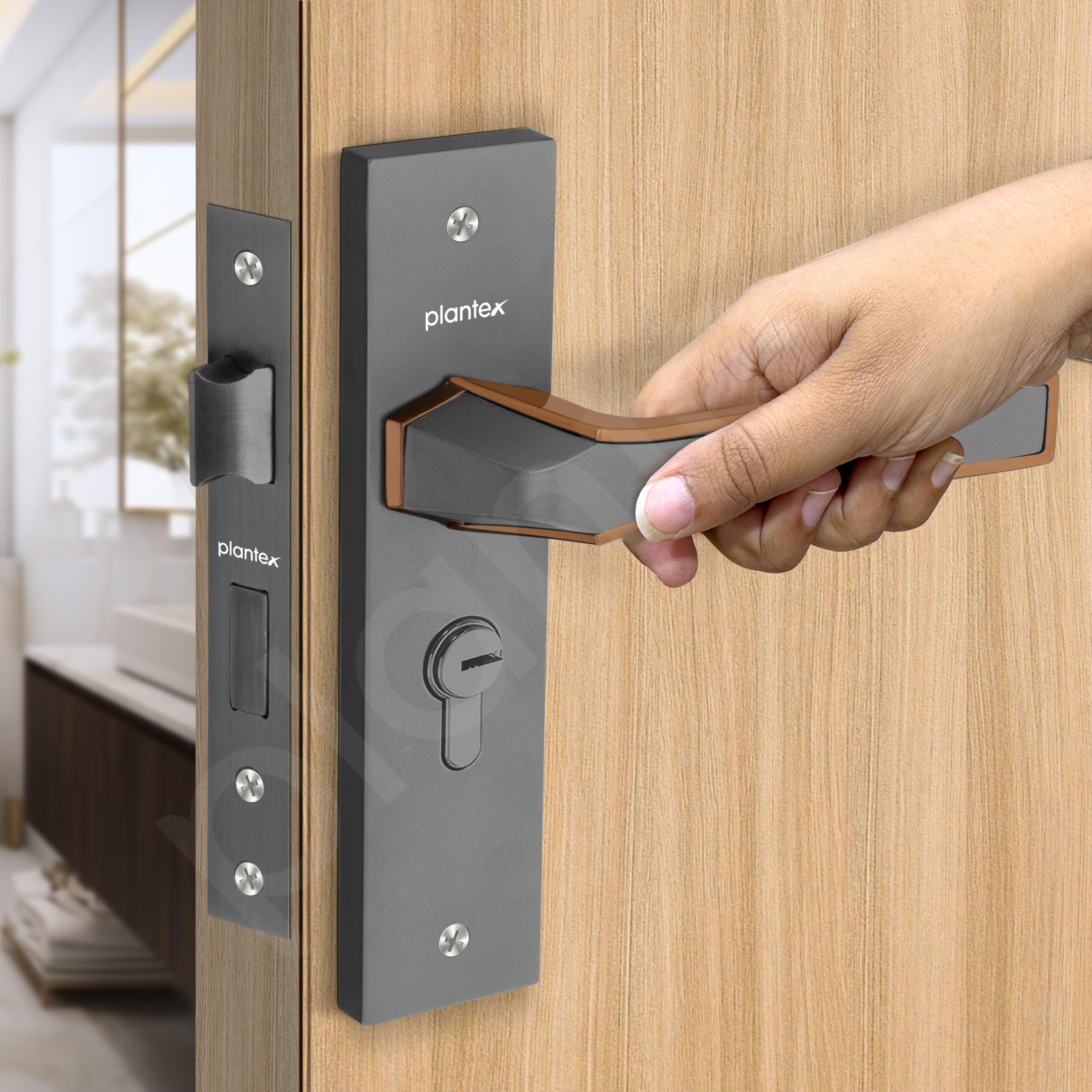 Plantex Heavy Duty Door Lock Set - Main Door Lock Handle Set/Mortise Locks with 3 Keys, Brass Body & Cylinder (8126 - Grey & PVD Choco) — Amazon image 7