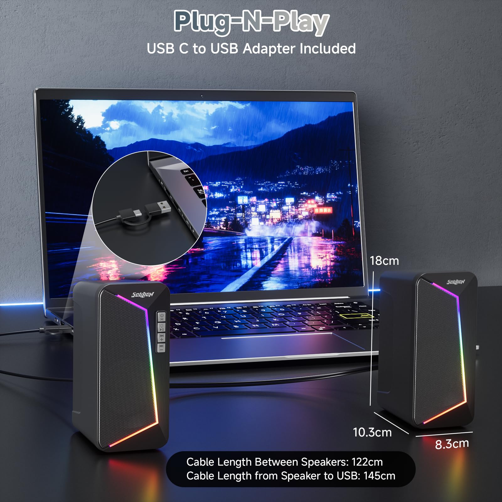 SOULION Altoparlante PC, alimentato tramite USB, con controllo volume, altoparlante da desktop per laptop, monitor
