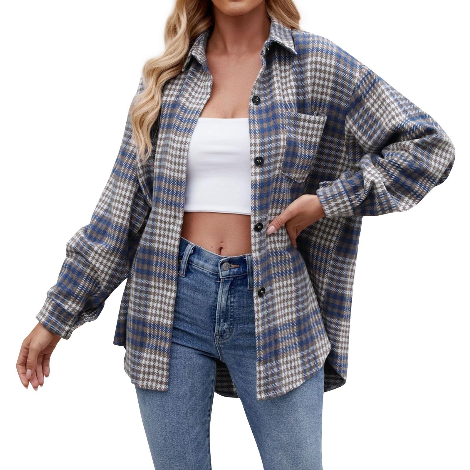 Hemdjacke Damen Kariert Übergangsjacke Leicht Herbstjacke Mit Knöpfen